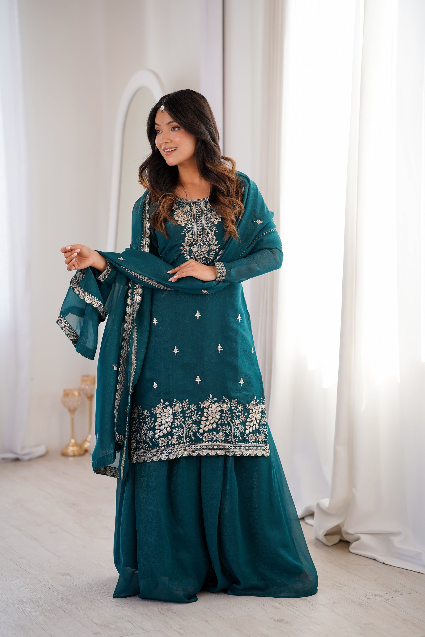 Lorenvalley Fashion Teal Soft Crunchy Silk Fabric with Embroidery Sequence, Thread and Jari Work Kurta Palazzo with Dupatta