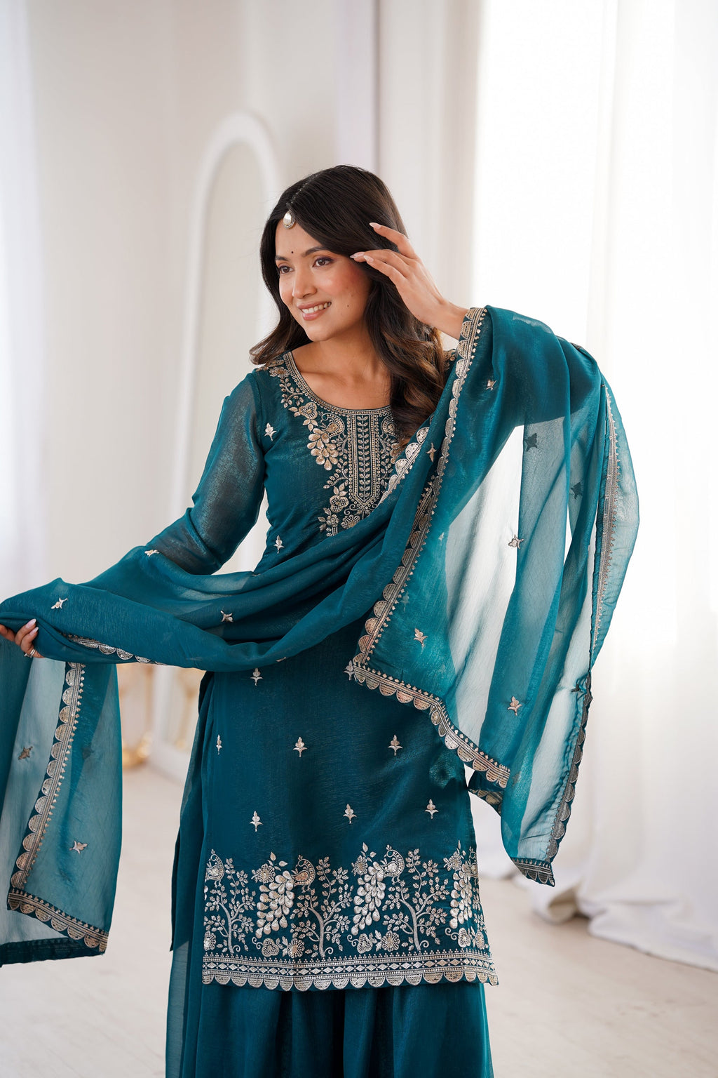 Lorenvalley Fashion Teal Soft Crunchy Silk Fabric with Embroidery Sequence, Thread and Jari Work Kurta Palazzo with Dupatta