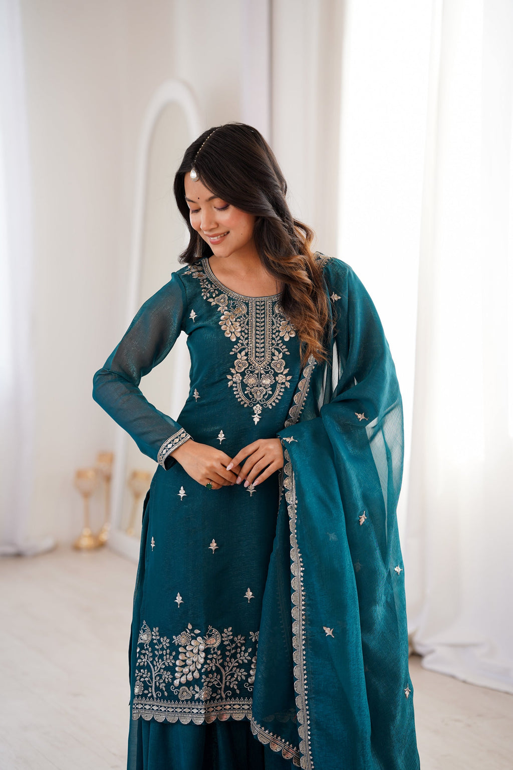 Lorenvalley Fashion Teal Soft Crunchy Silk Fabric with Embroidery Sequence, Thread and Jari Work Kurta Palazzo with Dupatta