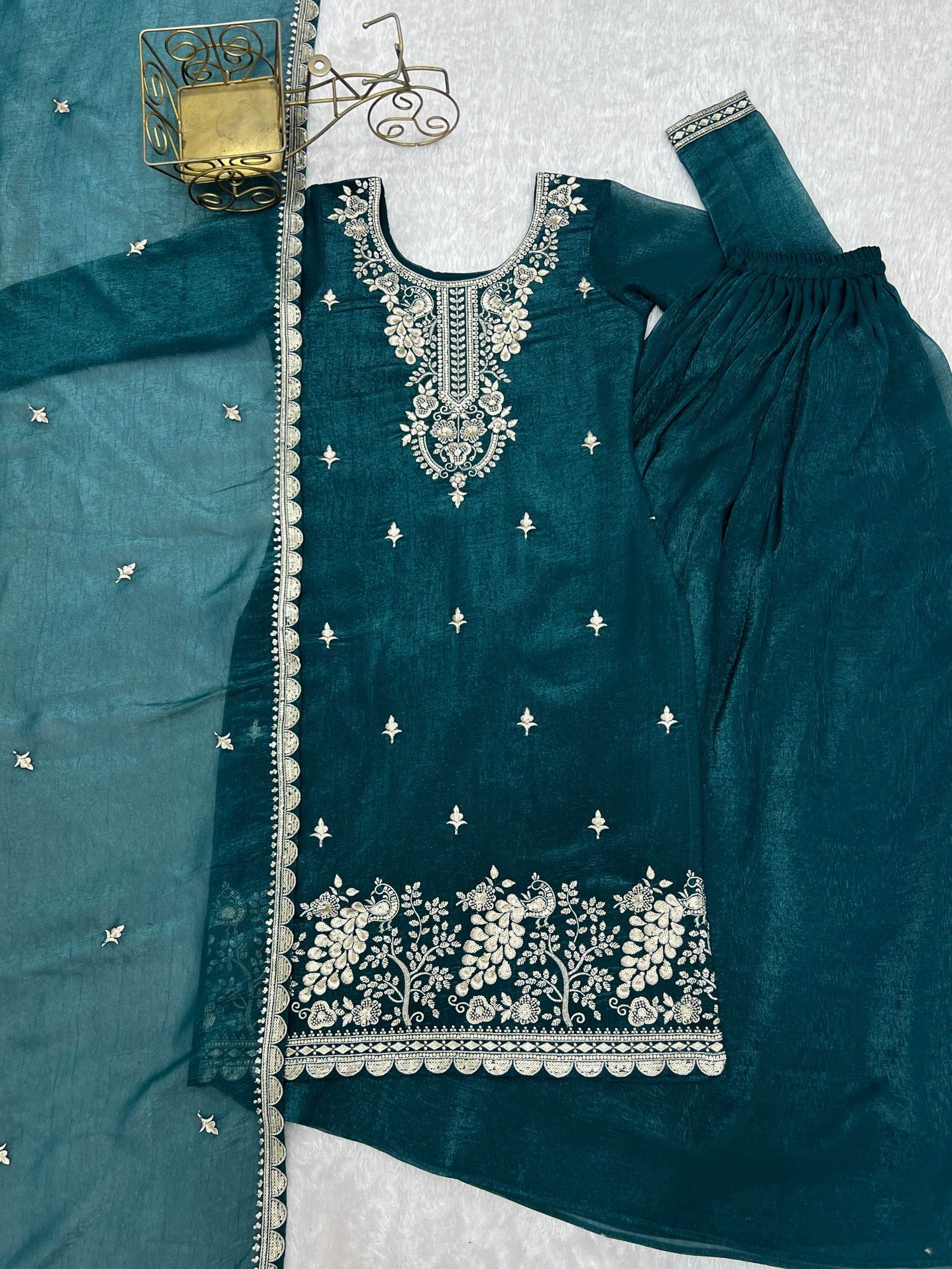 Lorenvalley Fashion Teal Soft Crunchy Silk Fabric with Embroidery Sequence, Thread and Jari Work Kurta Palazzo with Dupatta