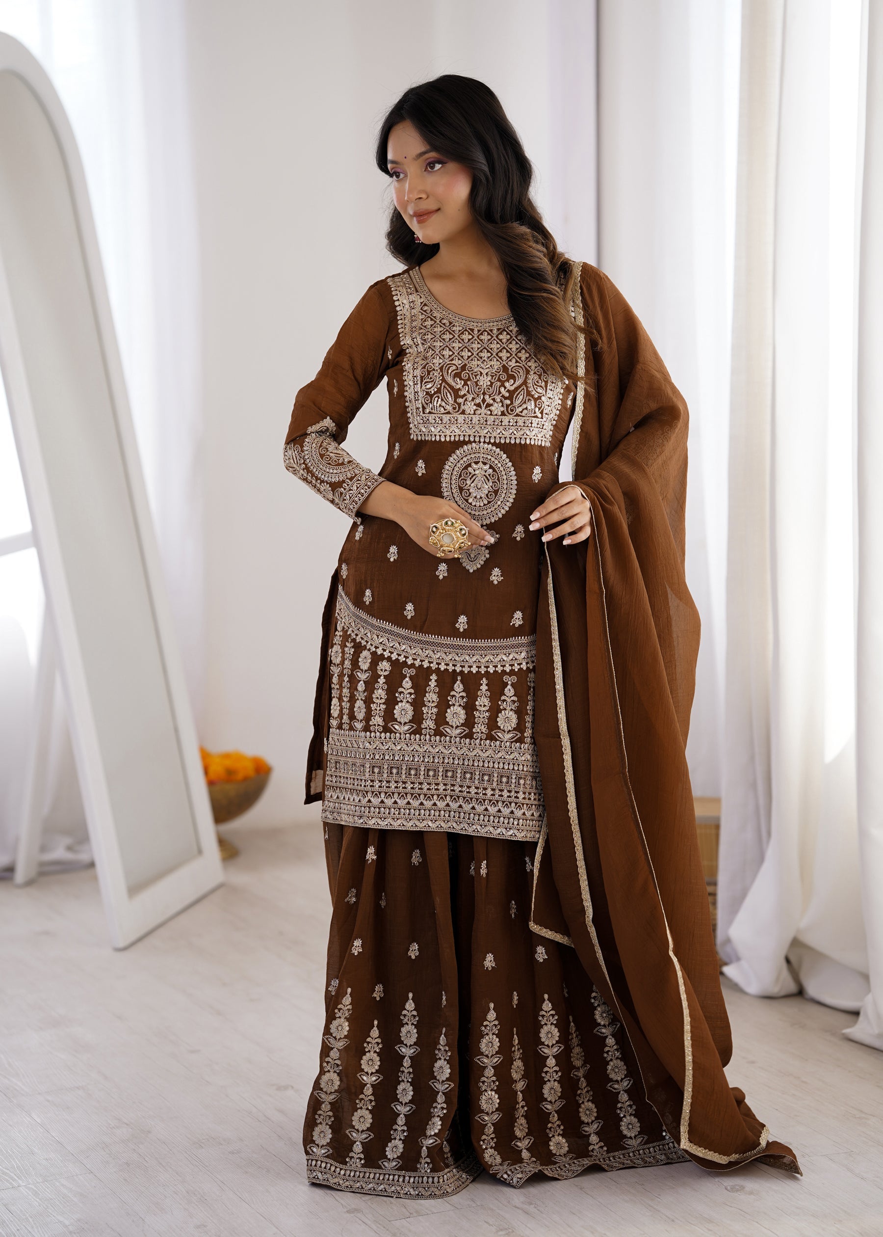 Lorenvalley Fashion Brown Soft Crunchy Silk Fabric with Embroidery Dori, Jari Work Kurta Palazzo with Dupatta