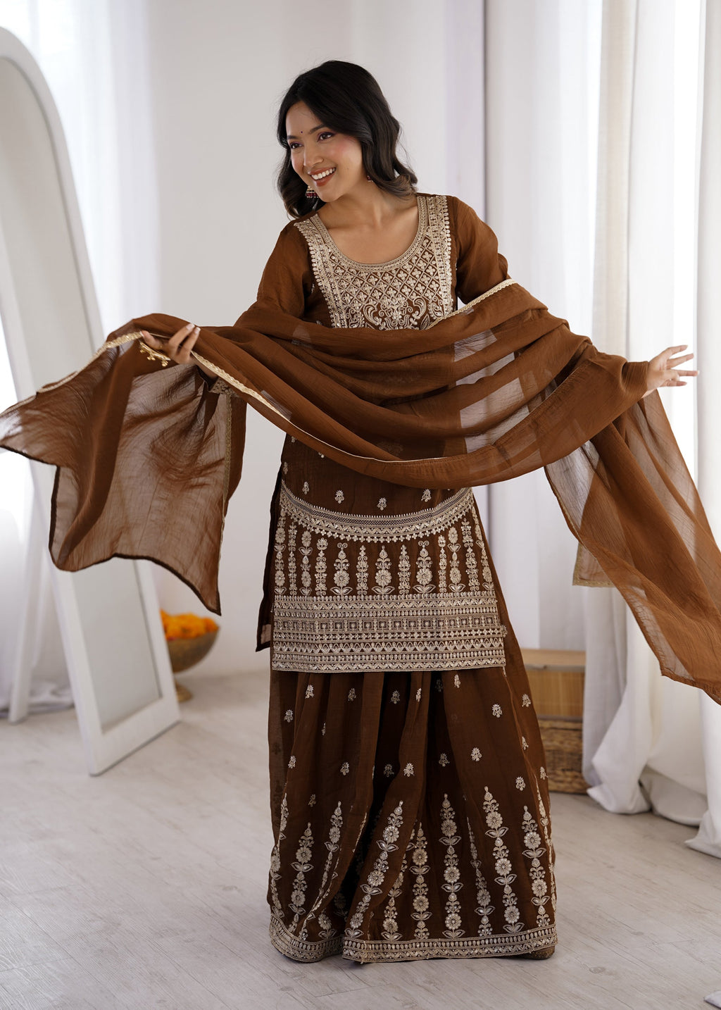 Lorenvalley Fashion Brown Soft Crunchy Silk Fabric with Embroidery Dori, Jari Work Kurta Palazzo with Dupatta