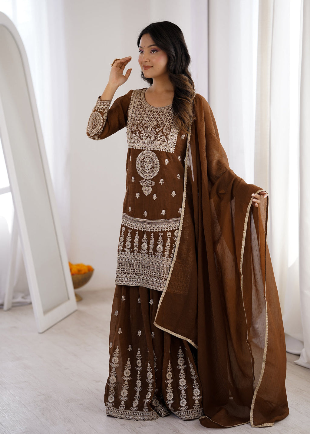 Lorenvalley Fashion Brown Soft Crunchy Silk Fabric with Embroidery Dori, Jari Work Kurta Palazzo with Dupatta