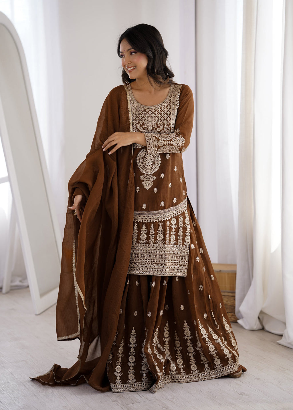 Lorenvalley Fashion Brown Soft Crunchy Silk Fabric with Embroidery Dori, Jari Work Kurta Palazzo with Dupatta