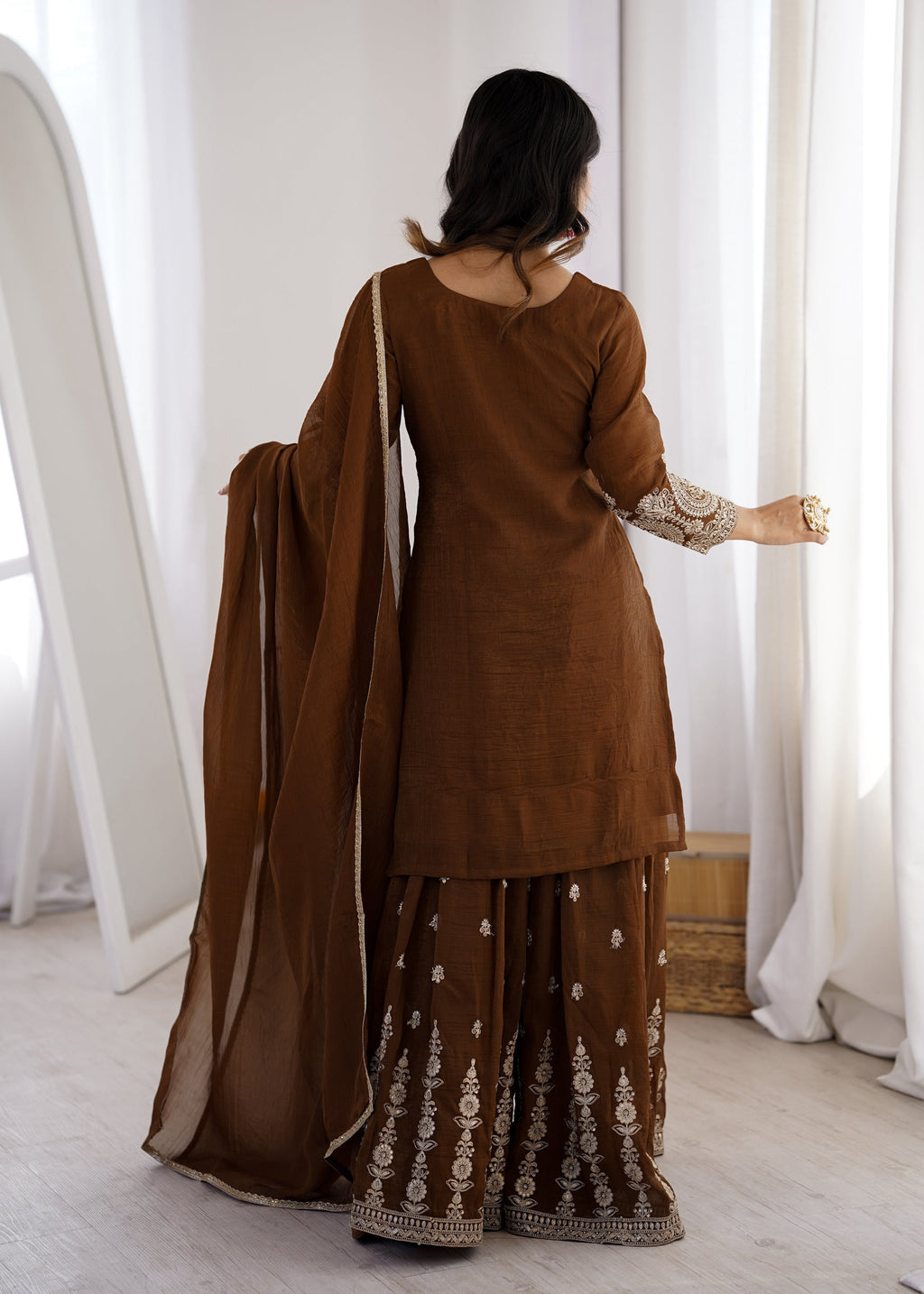 Lorenvalley Fashion Brown Soft Crunchy Silk Fabric with Embroidery Dori, Jari Work Kurta Palazzo with Dupatta