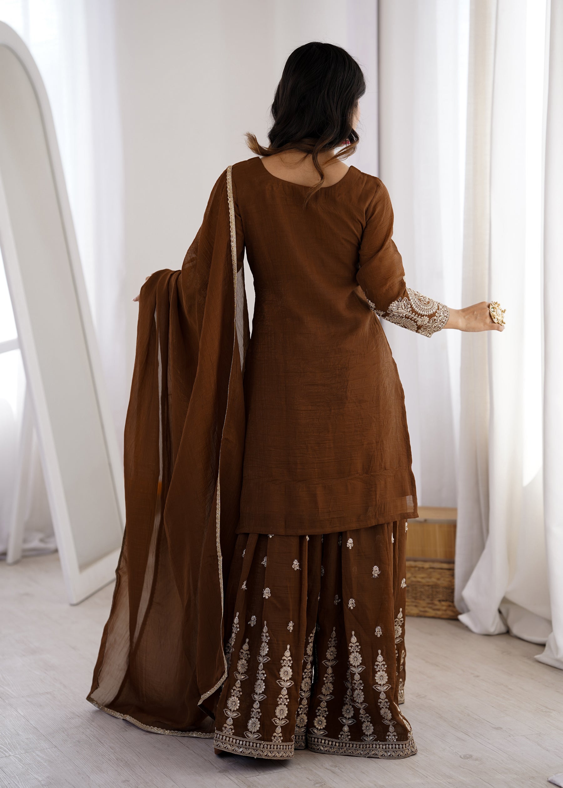 Lorenvalley Fashion Brown Soft Crunchy Silk Fabric with Embroidery Dori, Jari Work Kurta Palazzo with Dupatta