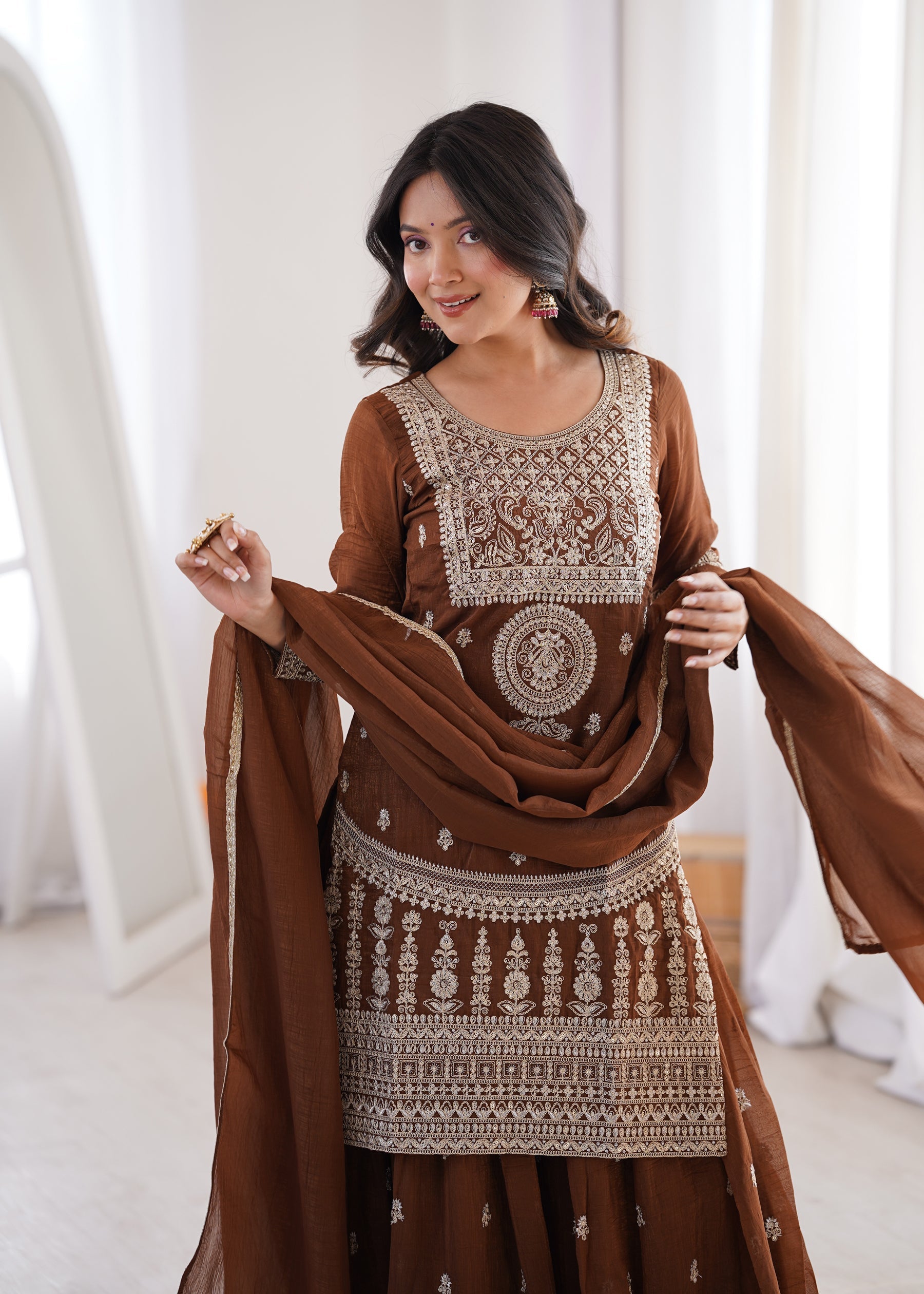Lorenvalley Fashion Brown Soft Crunchy Silk Fabric with Embroidery Dori, Jari Work Kurta Palazzo with Dupatta