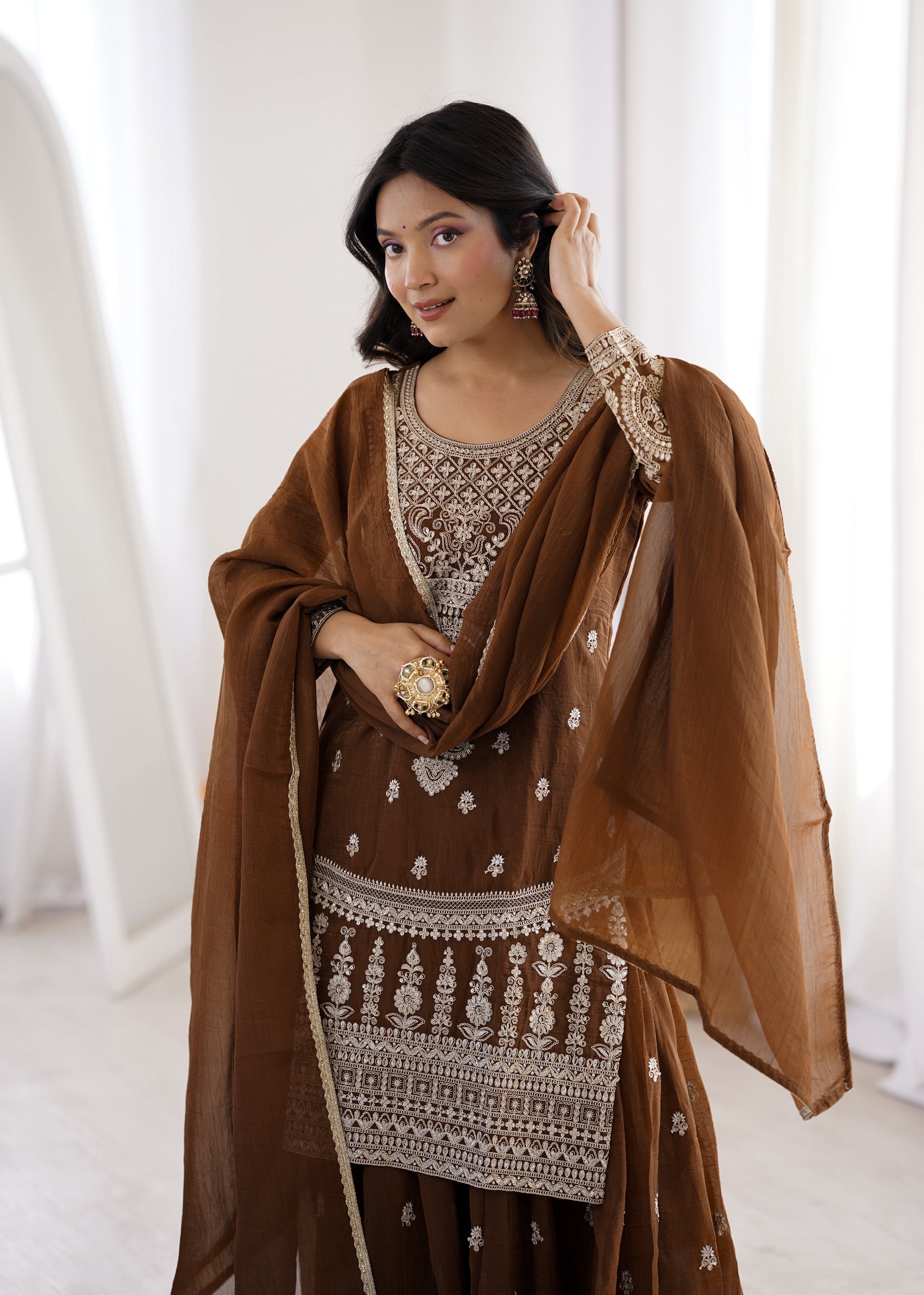 Lorenvalley Fashion Brown Soft Crunchy Silk Fabric with Embroidery Dori, Jari Work Kurta Palazzo with Dupatta