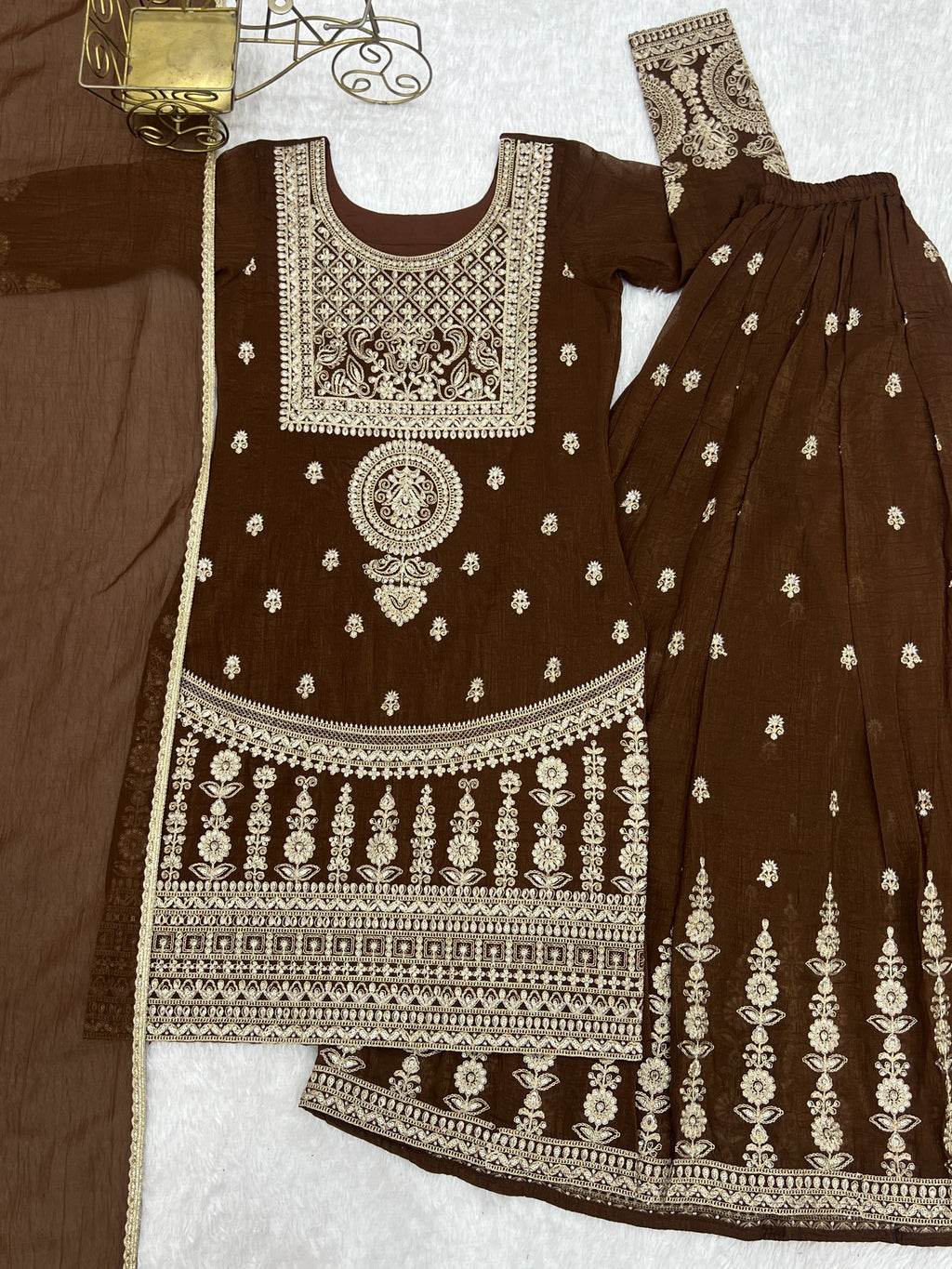 Lorenvalley Fashion Brown Soft Crunchy Silk Fabric with Embroidery Dori, Jari Work Kurta Palazzo with Dupatta