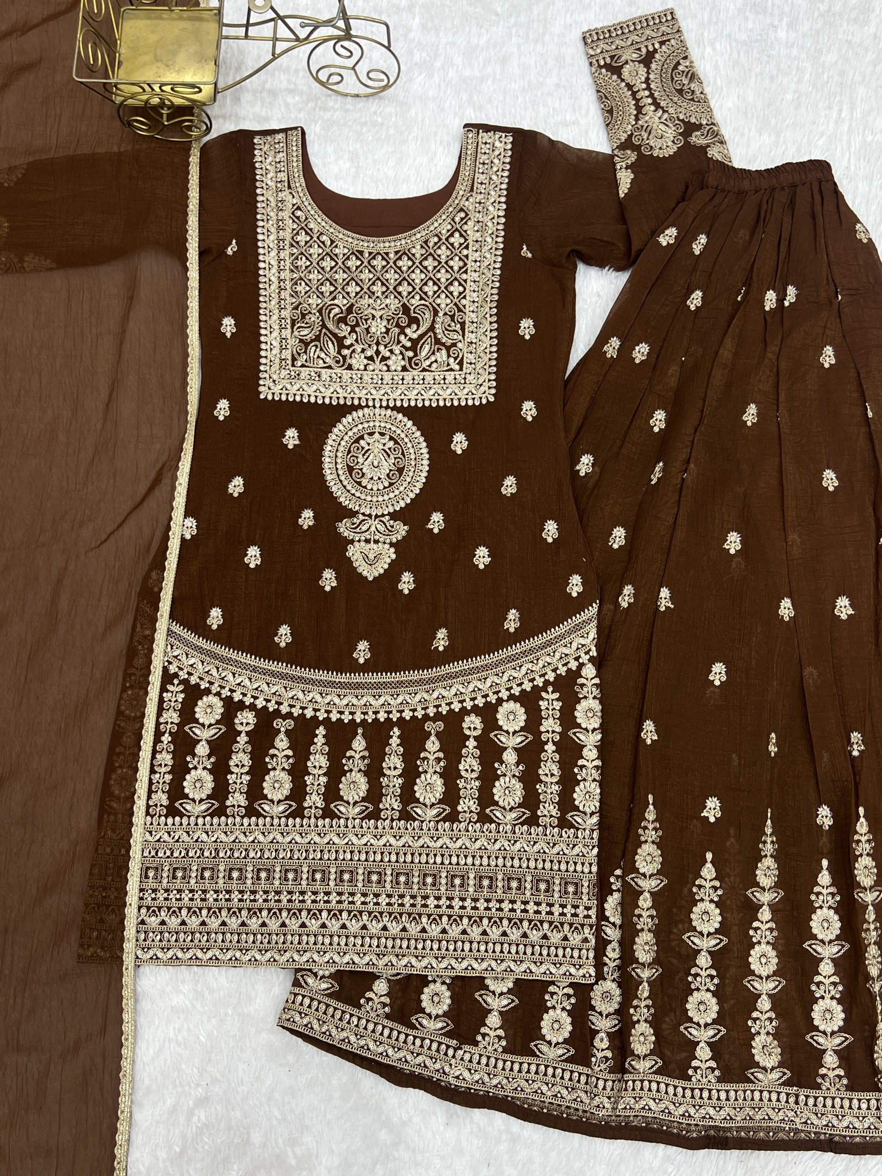 Lorenvalley Fashion Brown Soft Crunchy Silk Fabric with Embroidery Dori, Jari Work Kurta Palazzo with Dupatta