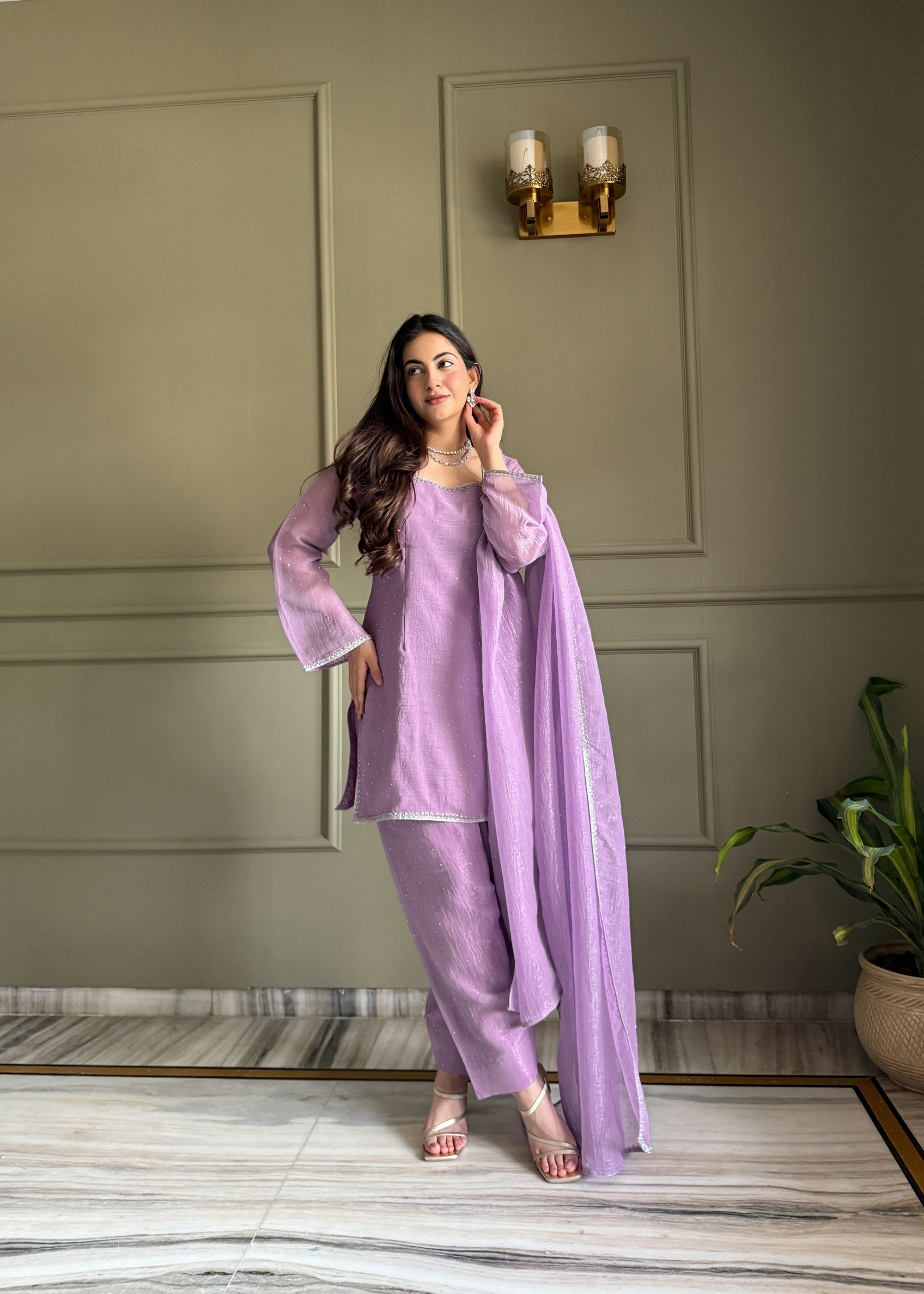 Lorenvalley Fashion Lavender Crunchy Silk with Siroski Work with Fancy Lace Work Kurta Salwar with Dupatta