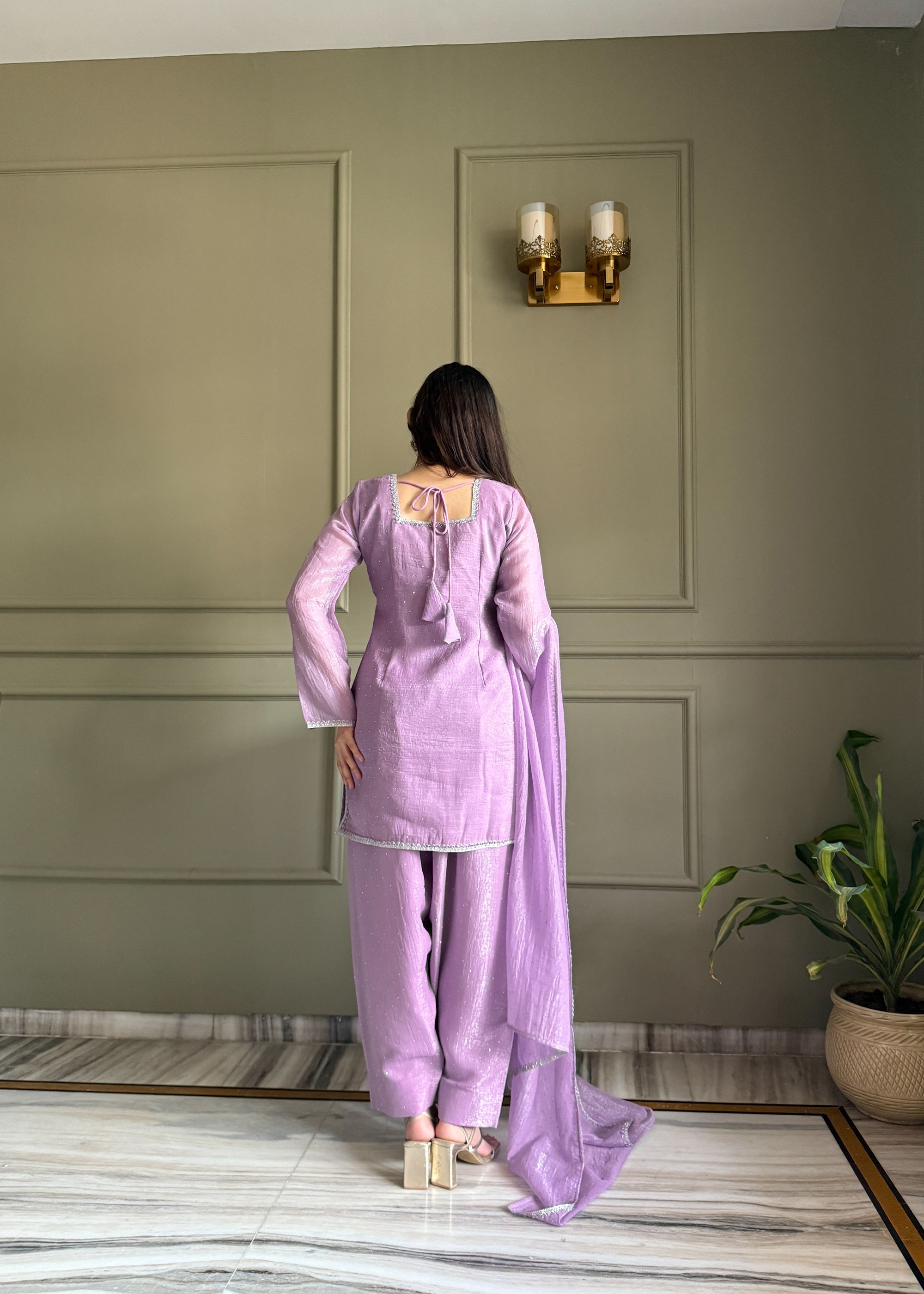 Lorenvalley Fashion Lavender Crunchy Silk with Siroski Work with Fancy Lace Work Kurta Salwar with Dupatta