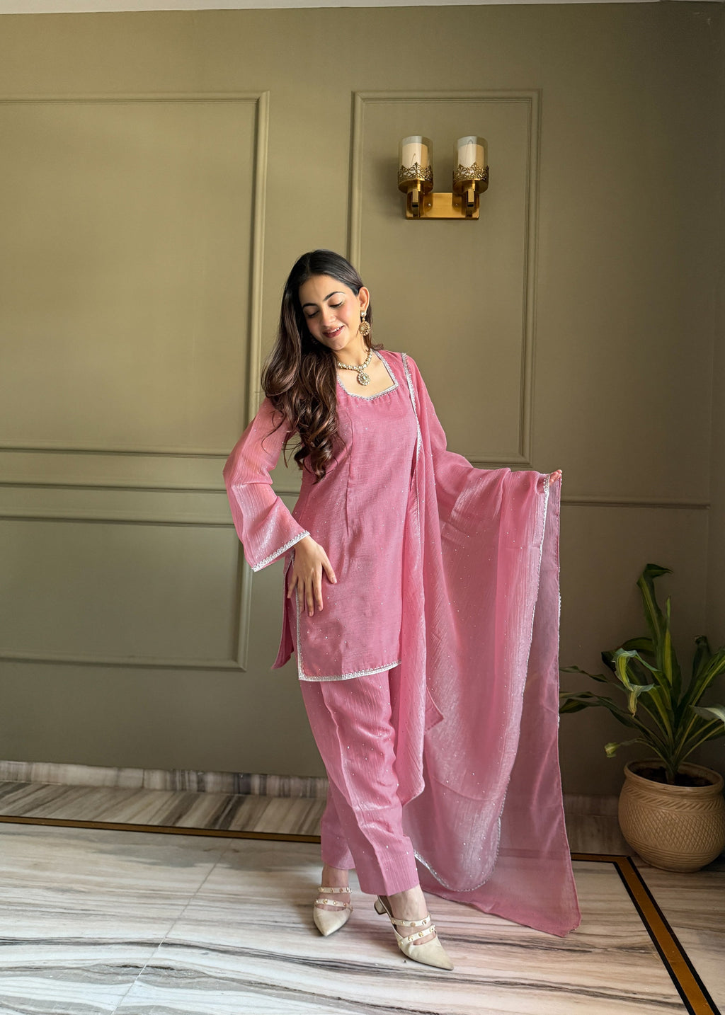 Lorenvalley Fashion Pink Crunchy Silk with Siroski Work with Fancy Lace Work Kurta Salwar with Dupatta