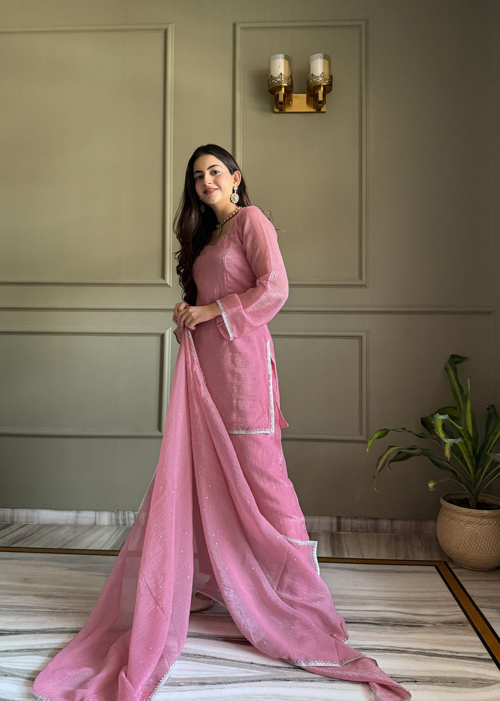 Lorenvalley Fashion Pink Crunchy Silk with Siroski Work with Fancy Lace Work Kurta Salwar with Dupatta