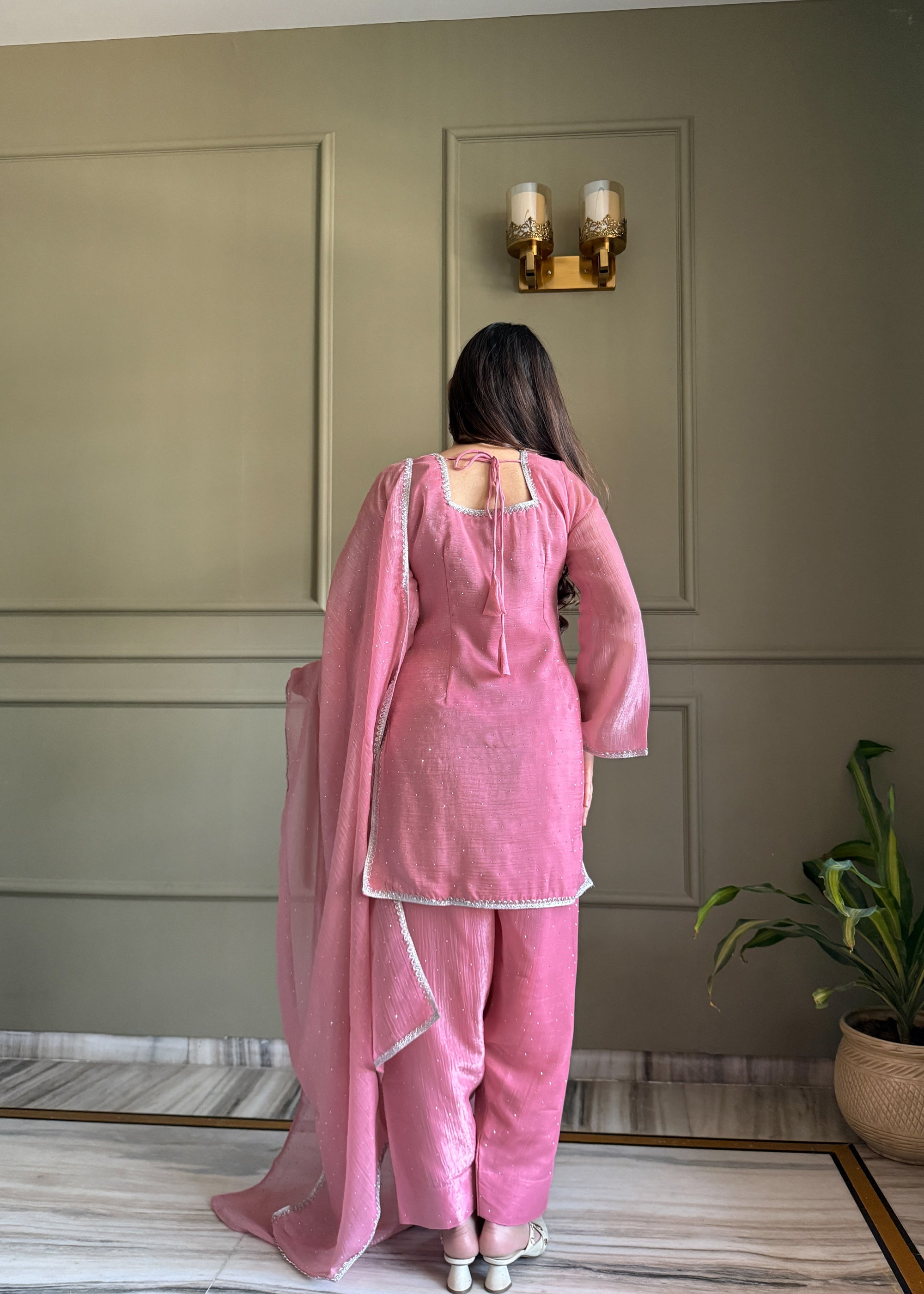Lorenvalley Fashion Pink Crunchy Silk with Siroski Work with Fancy Lace Work Kurta Salwar with Dupatta