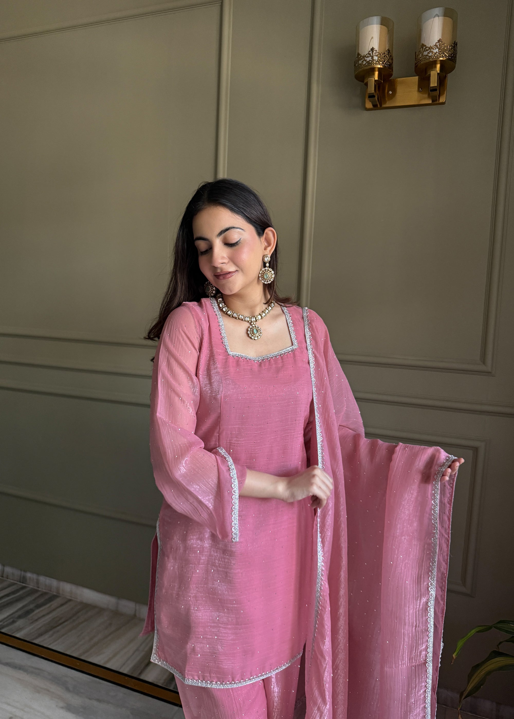 Lorenvalley Fashion Pink Crunchy Silk with Siroski Work with Fancy Lace Work Kurta Salwar with Dupatta