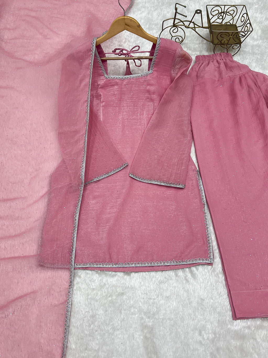 Lorenvalley Fashion Pink Crunchy Silk with Siroski Work with Fancy Lace Work Kurta Salwar with Dupatta