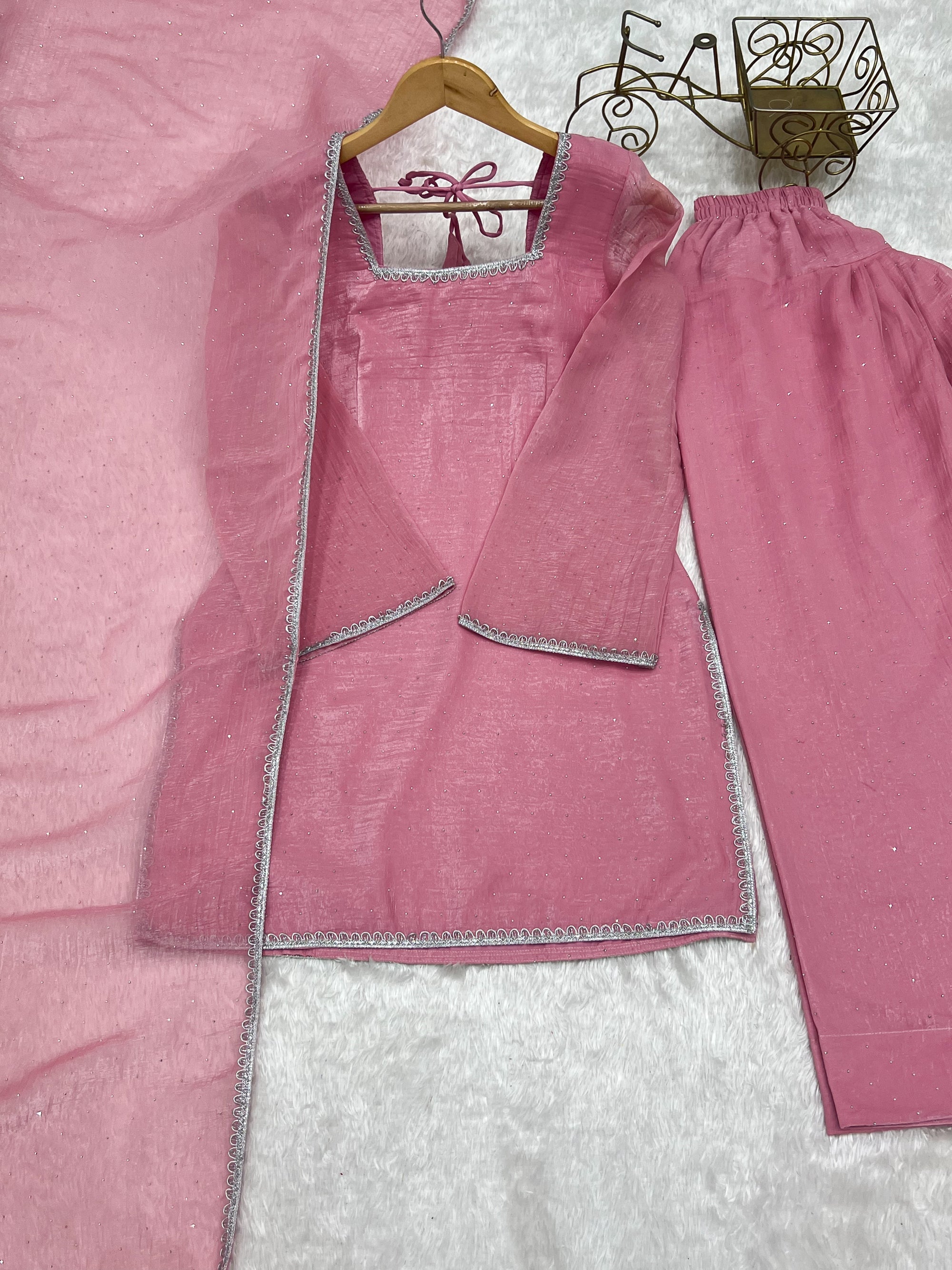 Lorenvalley Fashion Pink Crunchy Silk with Siroski Work with Fancy Lace Work Kurta Salwar with Dupatta