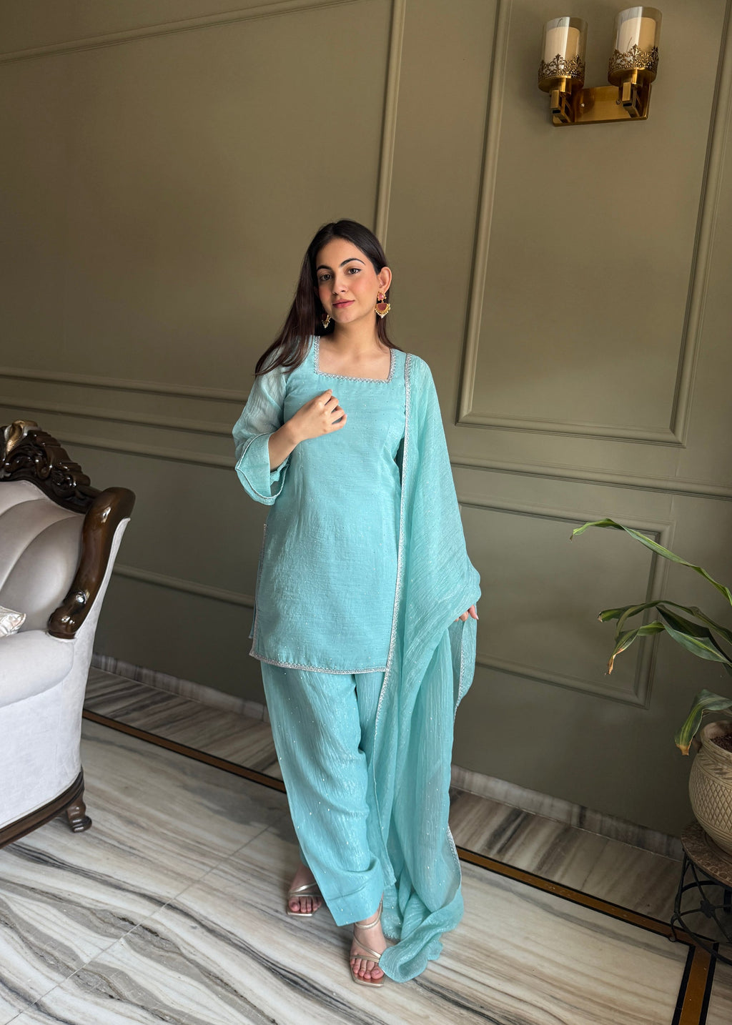 Lorenvalley Fashion Skyblue Crunchy Silk with Siroski Work with Fancy Lace Work Kurta Salwar with Dupatta