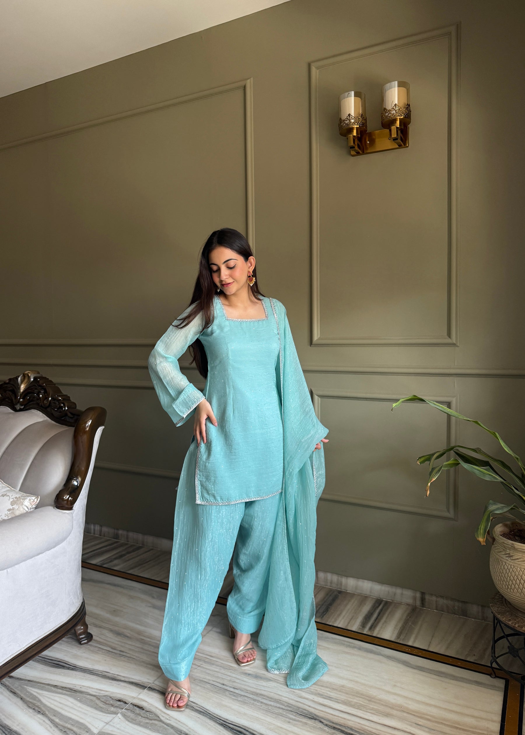 Lorenvalley Fashion Skyblue Crunchy Silk with Siroski Work with Fancy Lace Work Kurta Salwar with Dupatta