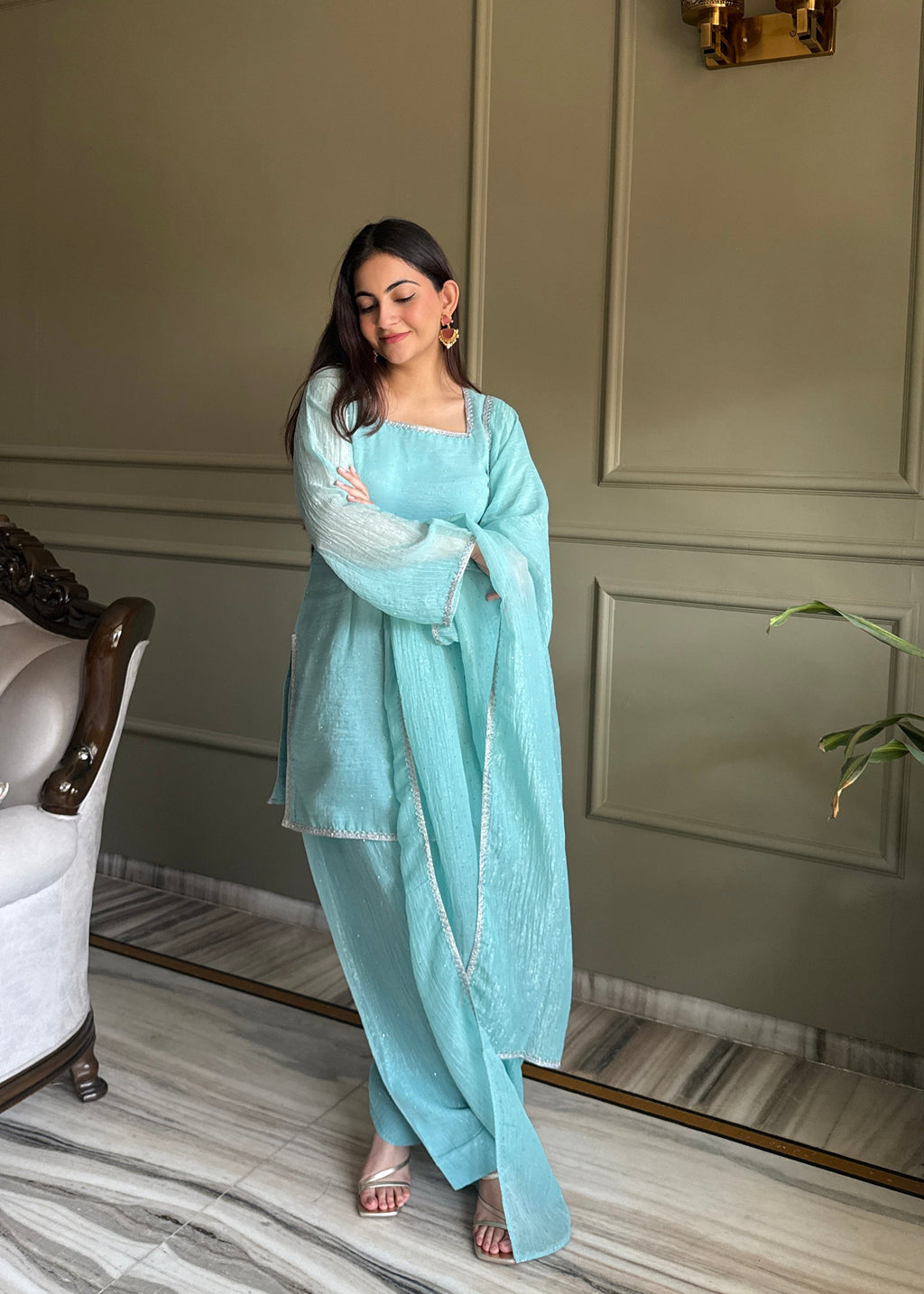 Lorenvalley Fashion Skyblue Crunchy Silk with Siroski Work with Fancy Lace Work Kurta Salwar with Dupatta