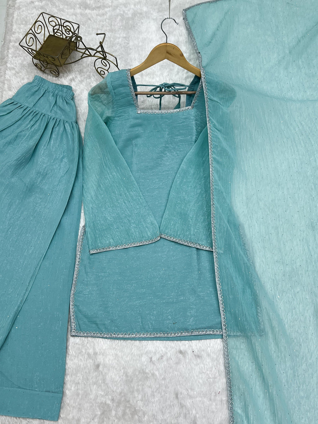 Lorenvalley Fashion Skyblue Crunchy Silk with Siroski Work with Fancy Lace Work Kurta Salwar with Dupatta