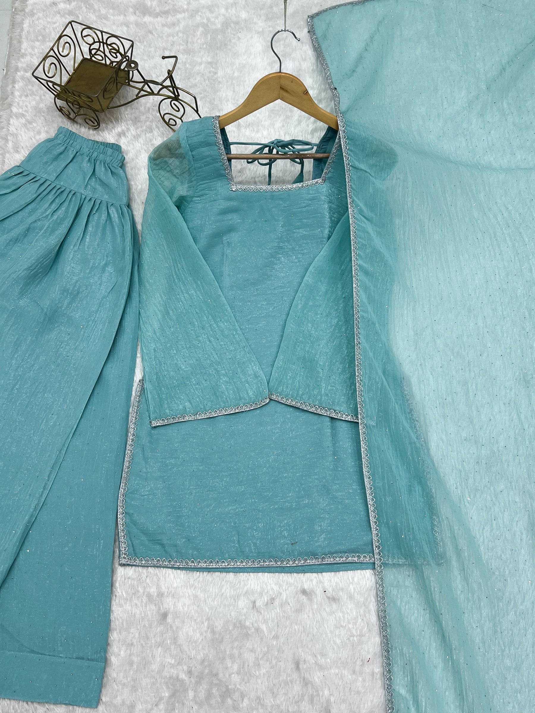 Lorenvalley Fashion Skyblue Crunchy Silk with Siroski Work with Fancy Lace Work Kurta Salwar with Dupatta