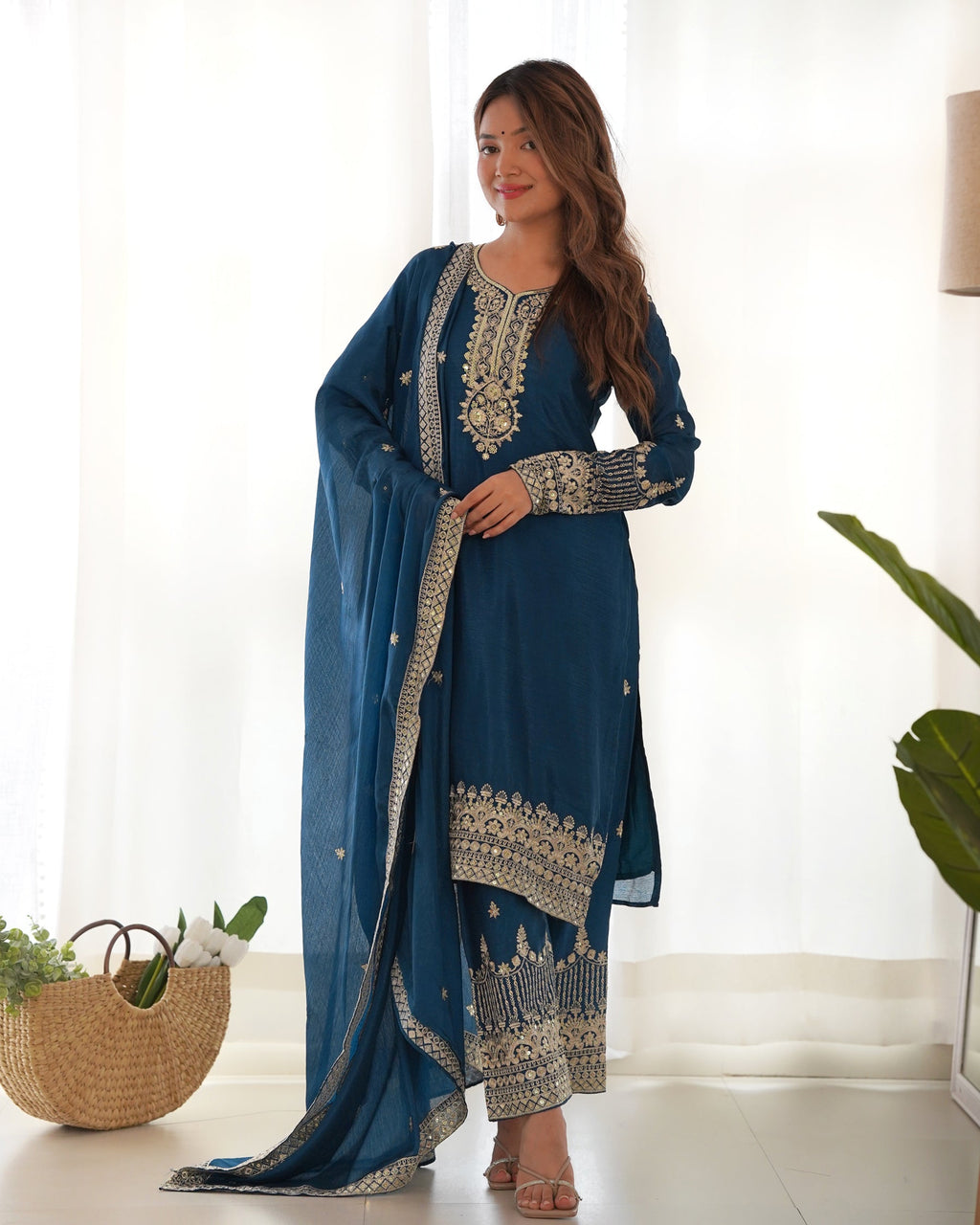 Lorenvalley Fashion Teal Chinon Silk Fabric With Beautiful Embroidery Sequence, Jari Work Kurta Pant with Dupatta