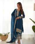 Lorenvalley Fashion Teal Chinon Silk Fabric With Beautiful Embroidery Sequence, Jari Work Kurta Pant with Dupatta