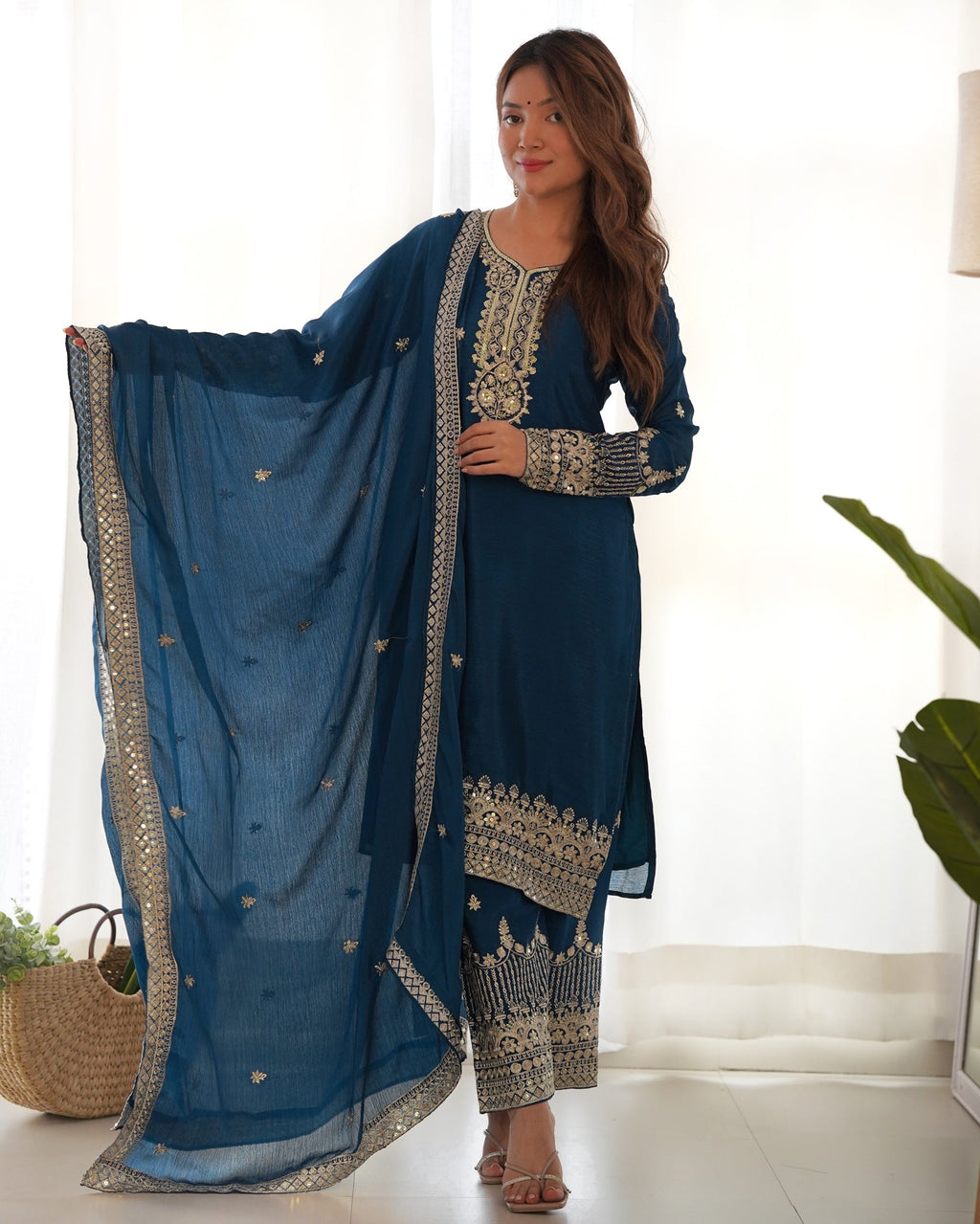 Lorenvalley Fashion Teal Chinon Silk Fabric With Beautiful Embroidery Sequence, Jari Work Kurta Pant with Dupatta
