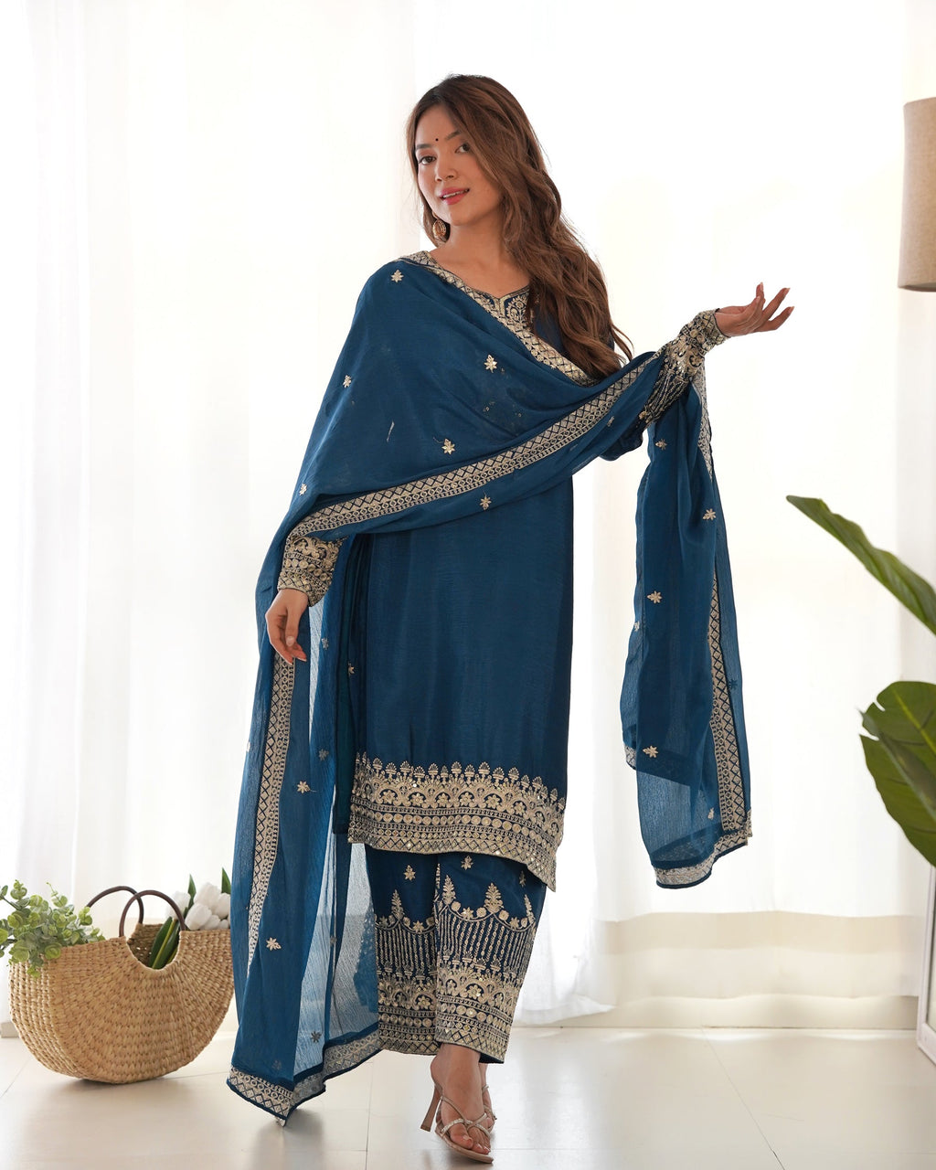 Lorenvalley Fashion Teal Chinon Silk Fabric With Beautiful Embroidery Sequence, Jari Work Kurta Pant with Dupatta