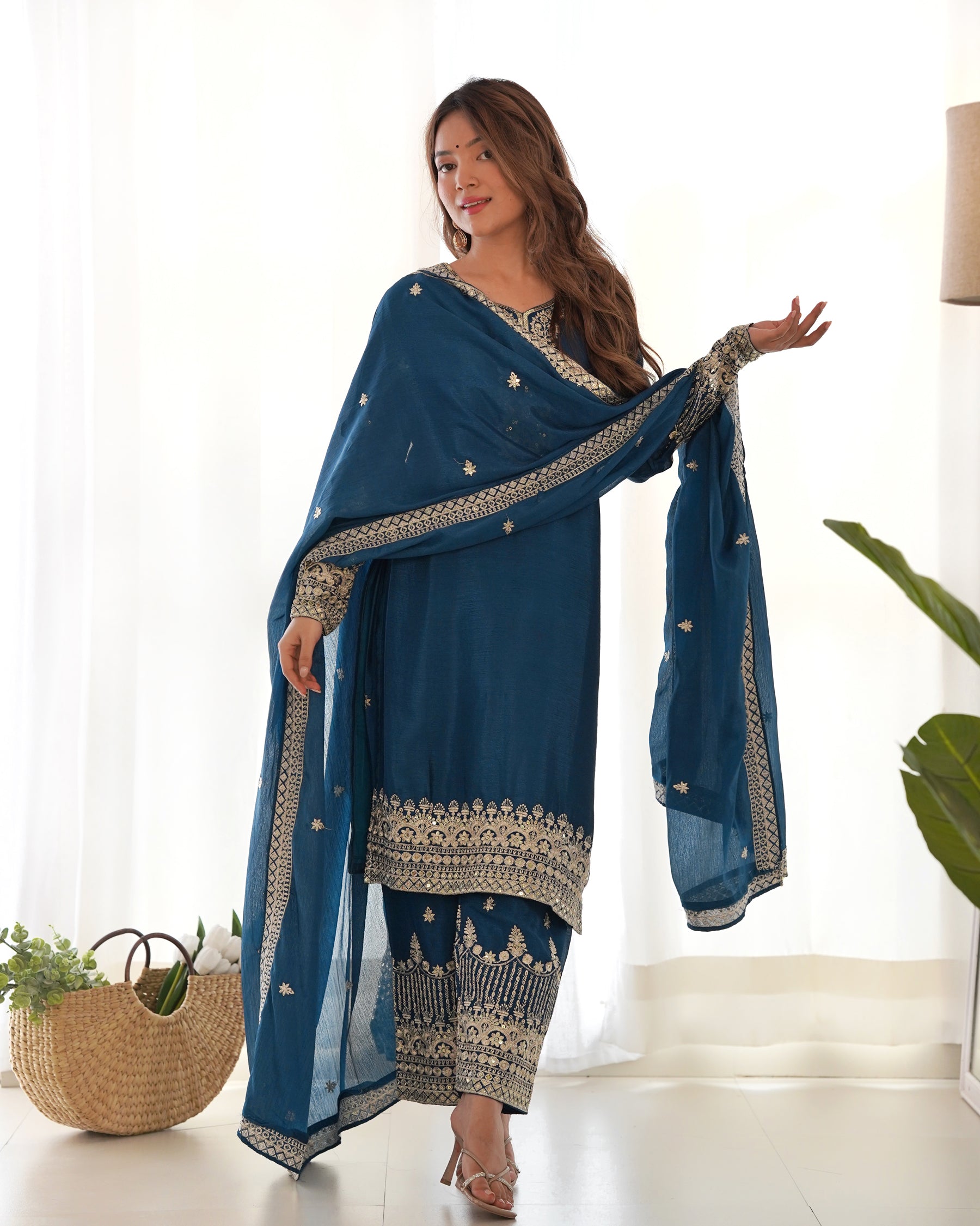 Lorenvalley Fashion Teal Chinon Silk Fabric With Beautiful Embroidery Sequence, Jari Work Kurta Pant with Dupatta