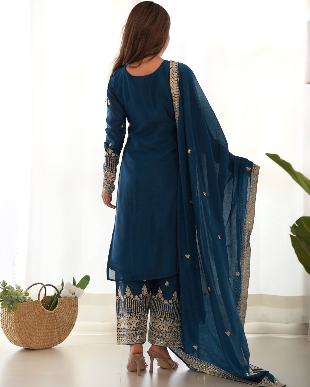 Lorenvalley Fashion Teal Chinon Silk Fabric With Beautiful Embroidery Sequence, Jari Work Kurta Pant with Dupatta