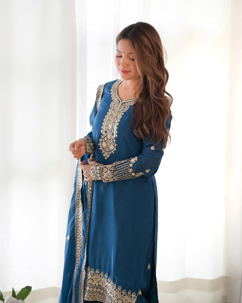 Lorenvalley Fashion Teal Chinon Silk Fabric With Beautiful Embroidery Sequence, Jari Work Kurta Pant with Dupatta
