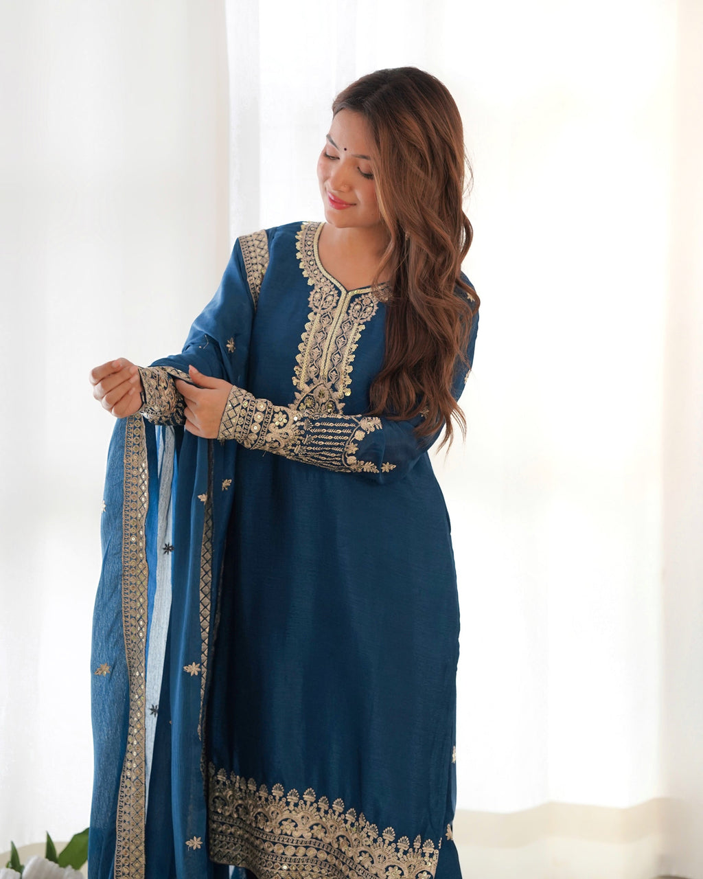 Lorenvalley Fashion Teal Chinon Silk Fabric With Beautiful Embroidery Sequence, Jari Work Kurta Pant with Dupatta