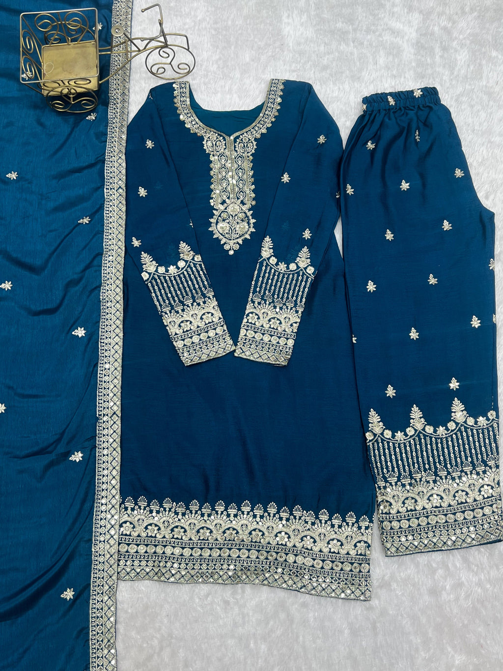Lorenvalley Fashion Teal Chinon Silk Fabric With Beautiful Embroidery Sequence, Jari Work Kurta Pant with Dupatta