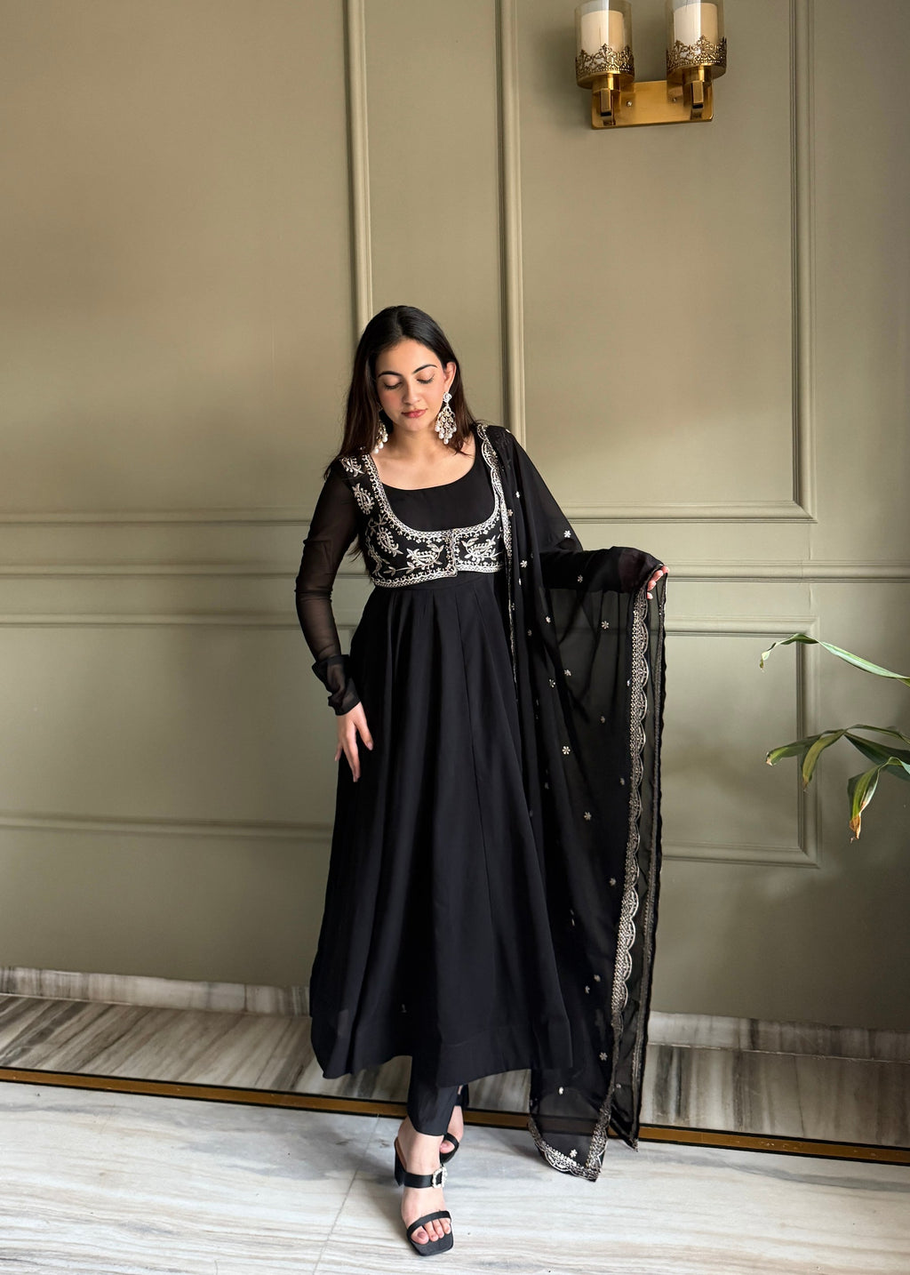 Lorenvalley Fashion Black Faux Georgette Yoke Fancy Work Koti 16 Kali Anarkali Gown Pant with Dupatta