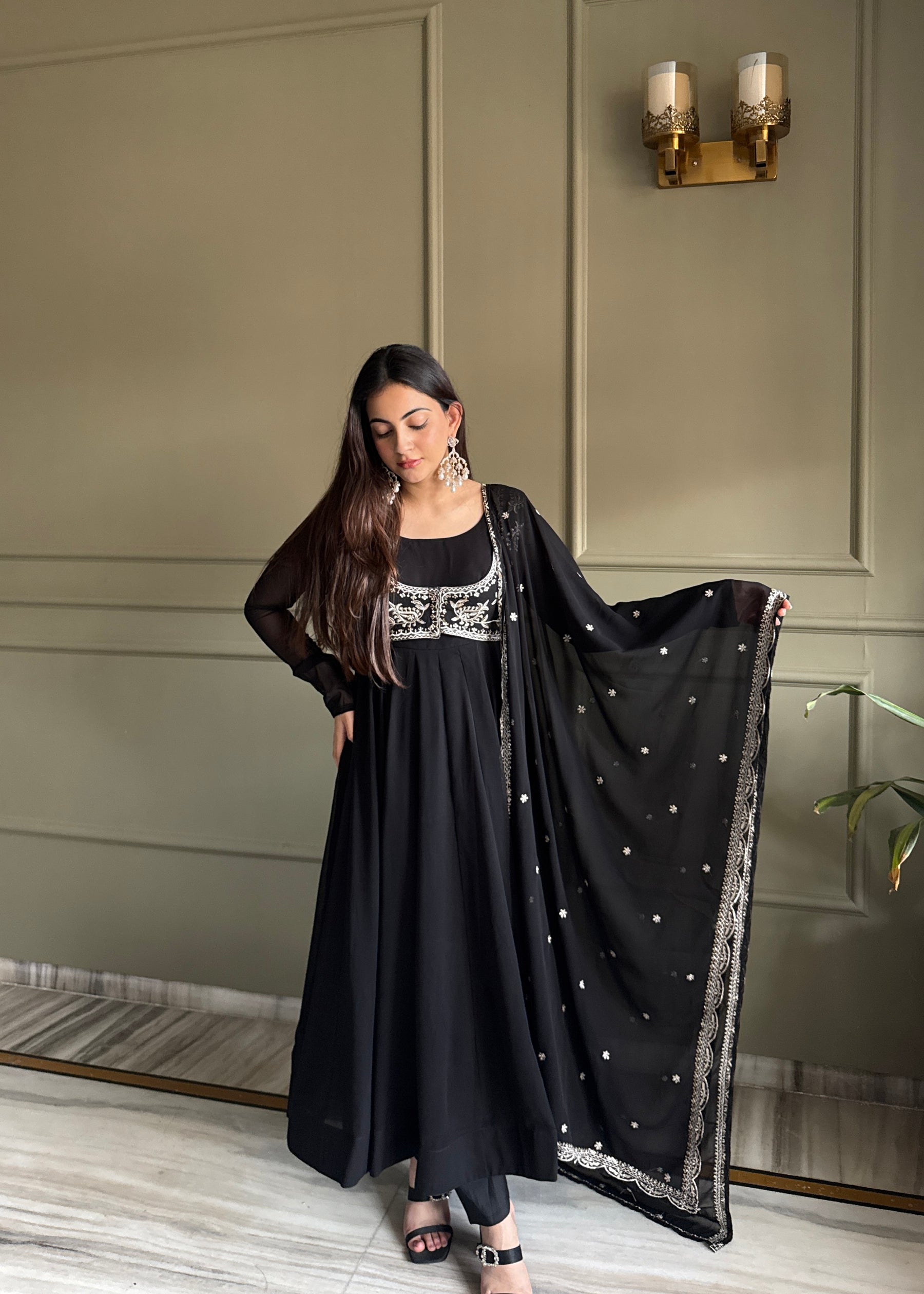 Lorenvalley Fashion Black Faux Georgette Yoke Fancy Work Koti 16 Kali Anarkali Gown Pant with Dupatta