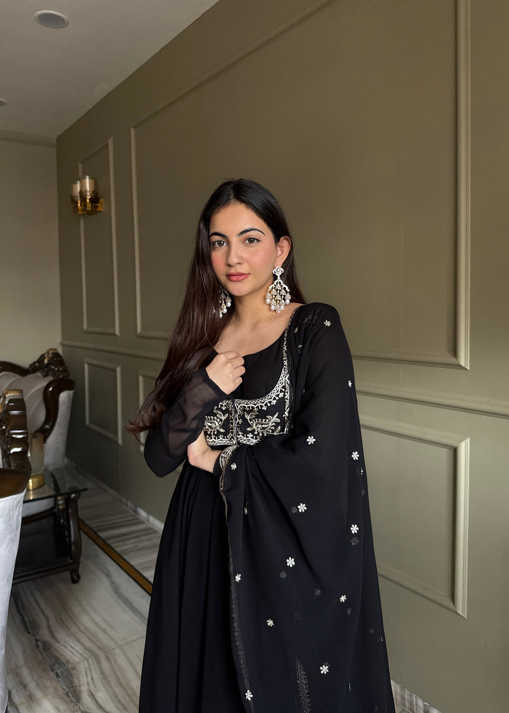 Lorenvalley Fashion Black Faux Georgette Yoke Fancy Work Koti 16 Kali Anarkali Gown Pant with Dupatta
