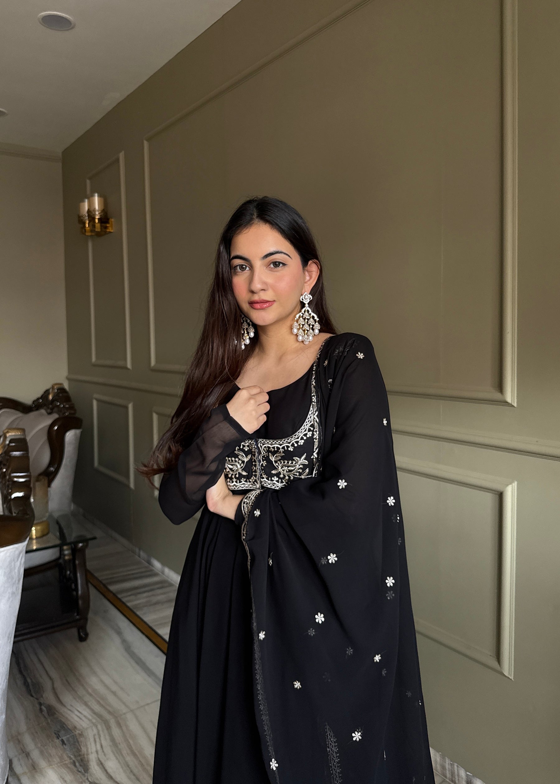 Lorenvalley Fashion Black Faux Georgette Yoke Fancy Work Koti 16 Kali Anarkali Gown Pant with Dupatta