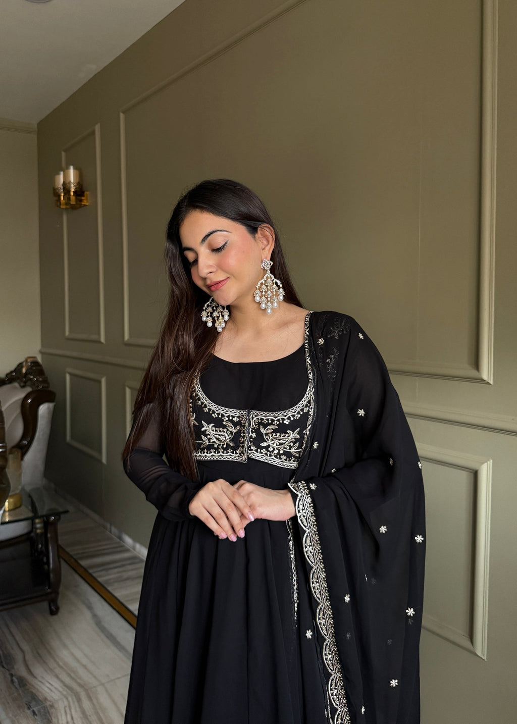 Lorenvalley Fashion Black Faux Georgette Yoke Fancy Work Koti 16 Kali Anarkali Gown Pant with Dupatta