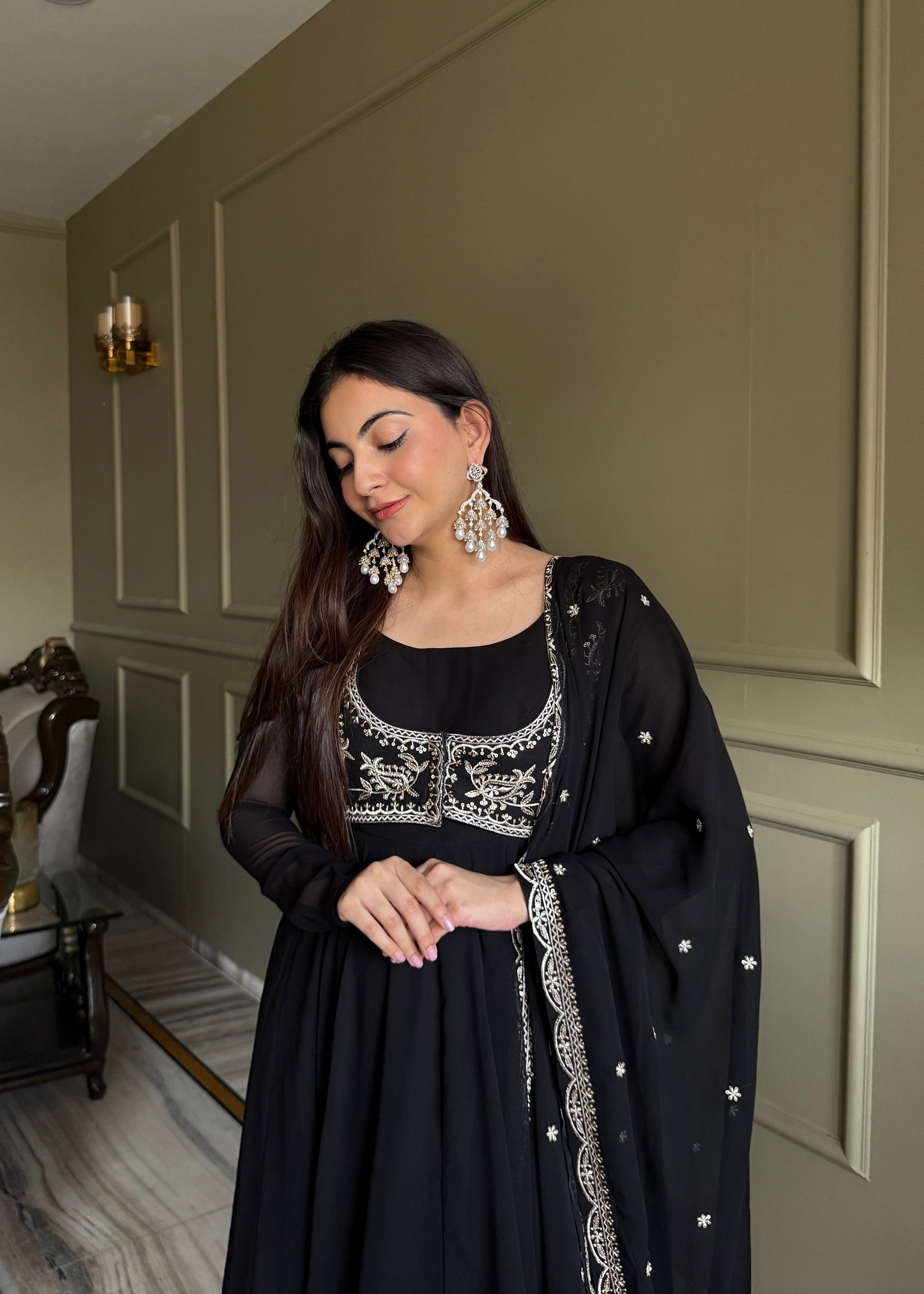 Lorenvalley Fashion Black Faux Georgette Yoke Fancy Work Koti 16 Kali Anarkali Gown Pant with Dupatta