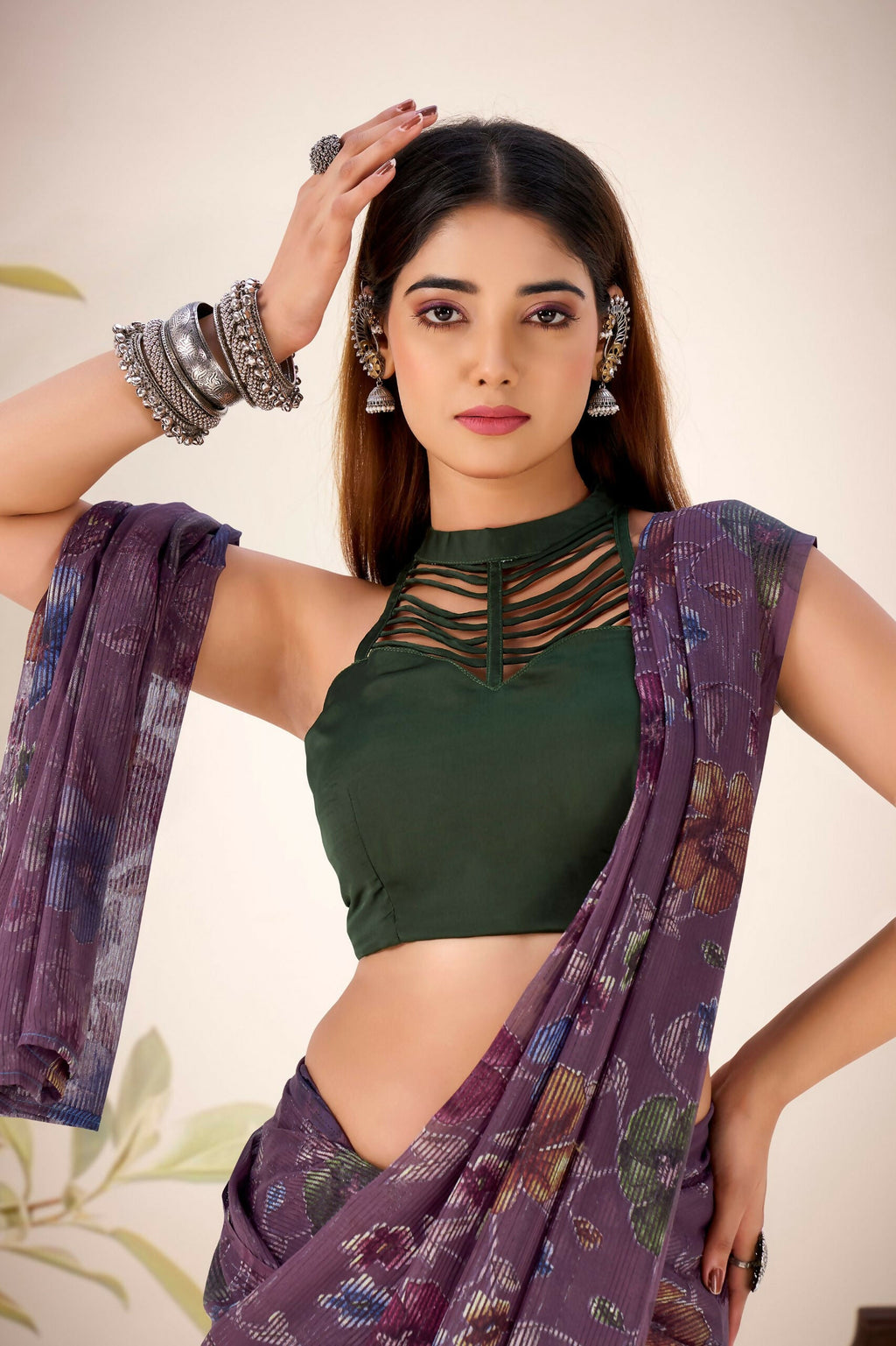 Vastranavya Wine Lurex Brasso Floral Printed Saree with Unstitched Blouse