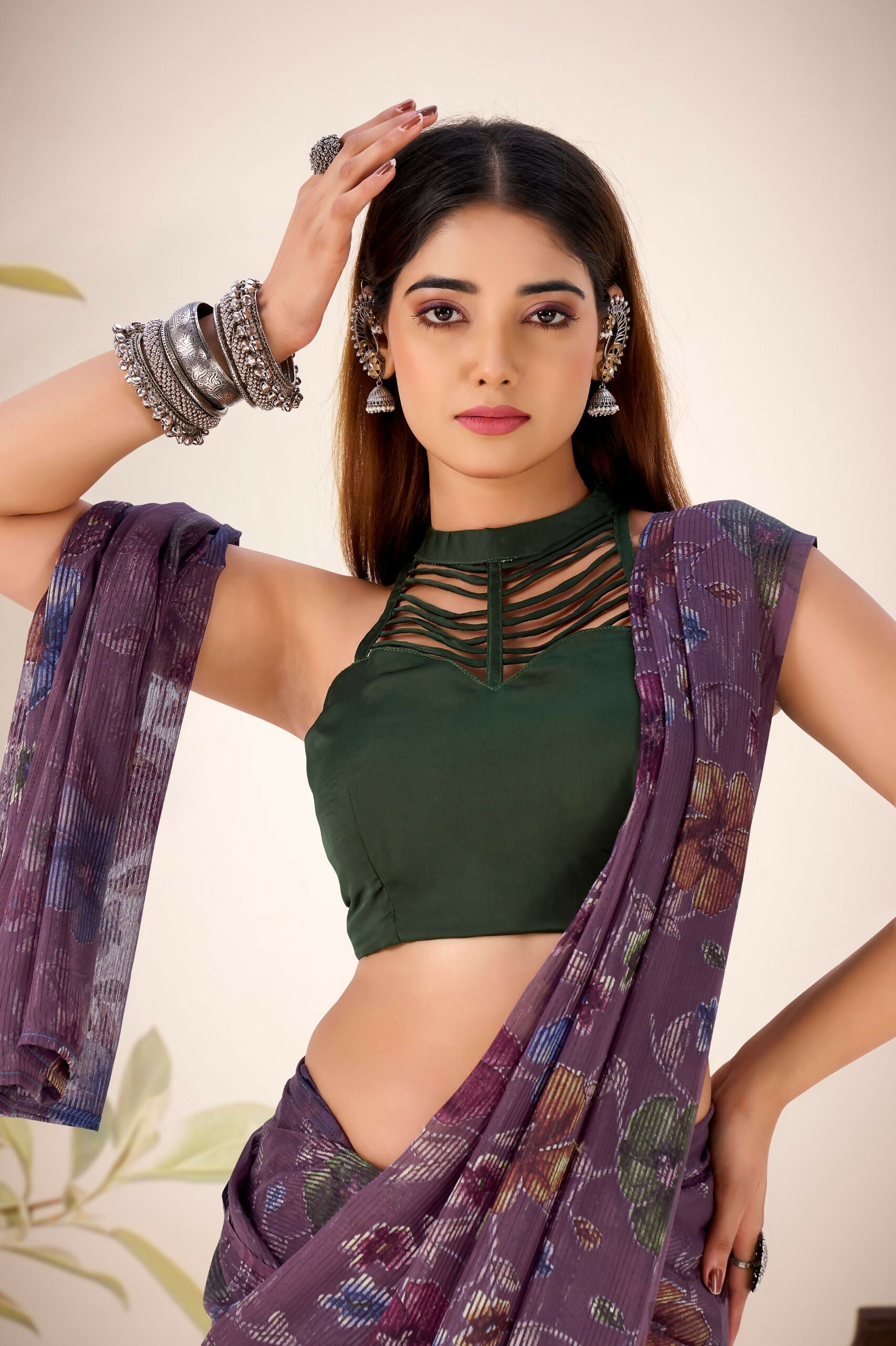 Vastranavya Wine Lurex Brasso Floral Printed Saree with Unstitched Blouse