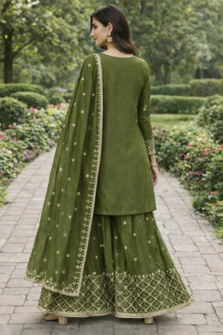 Teeya Creation Green Color Chinon Silk Wedding Wear Trending Palazzo Set