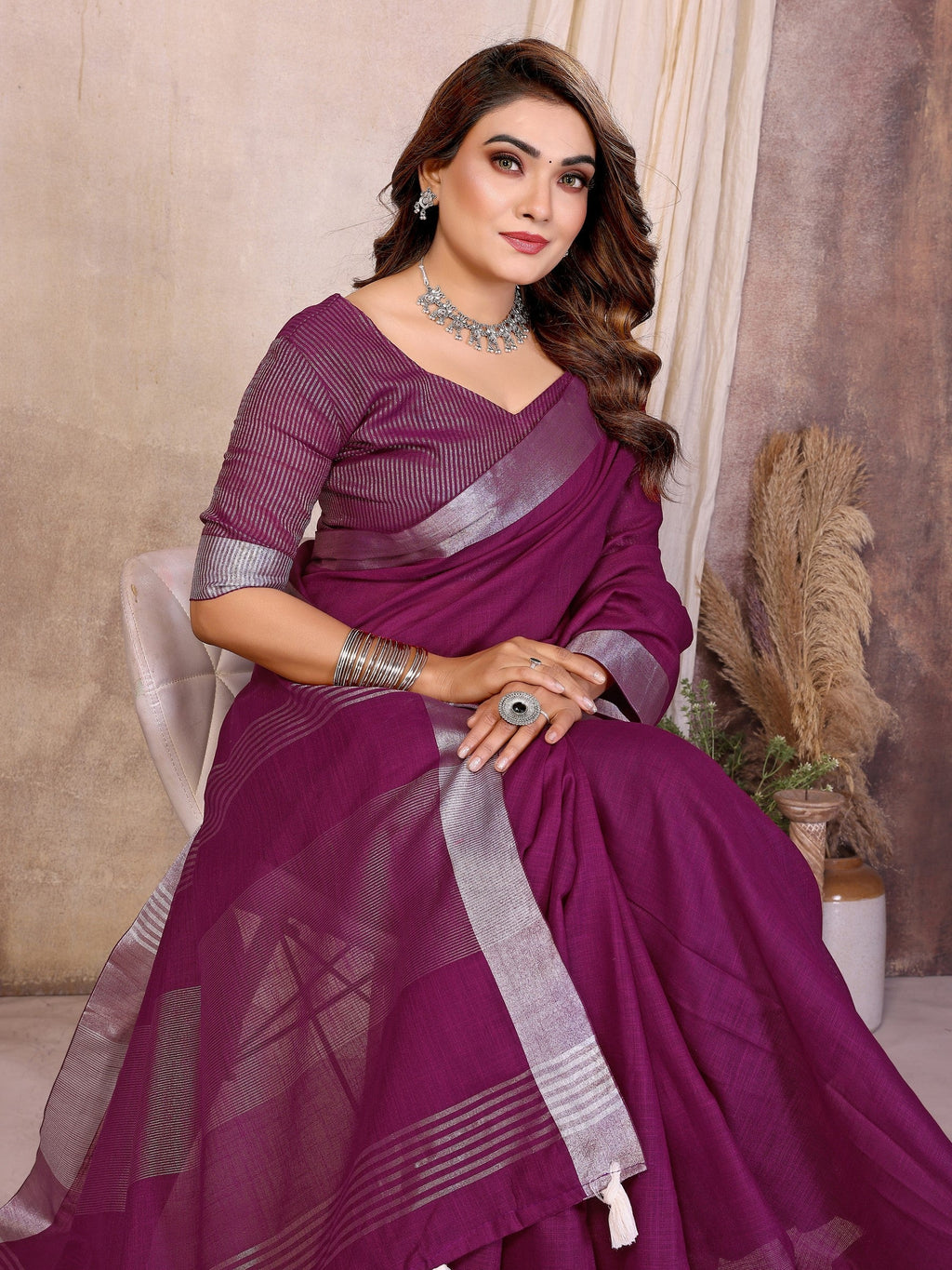 Anaita Purple Weaving Linen Cotton Saree With Blouse
