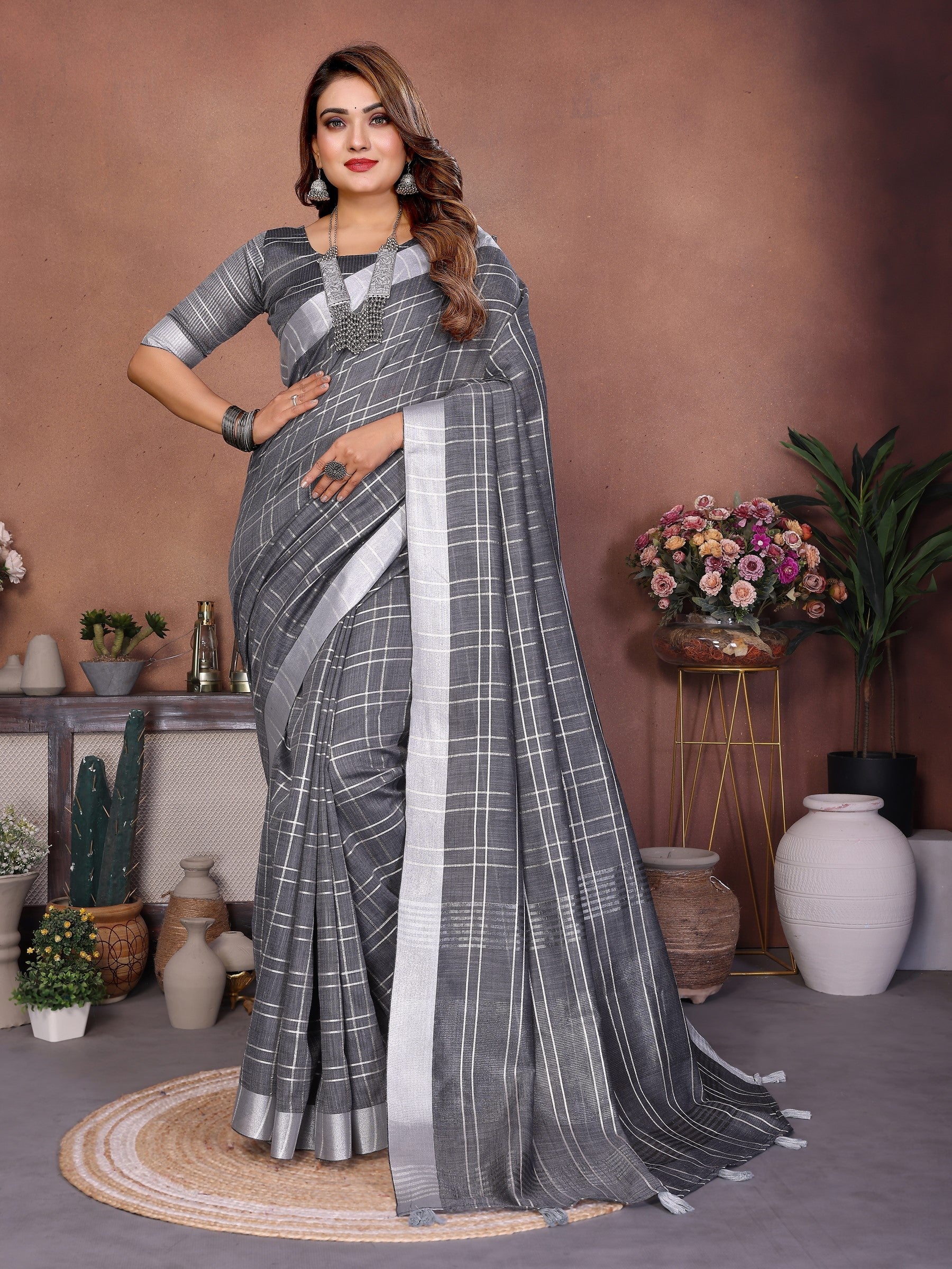 Anaita Grey Weaving Linen Cotton Saree With Blouse