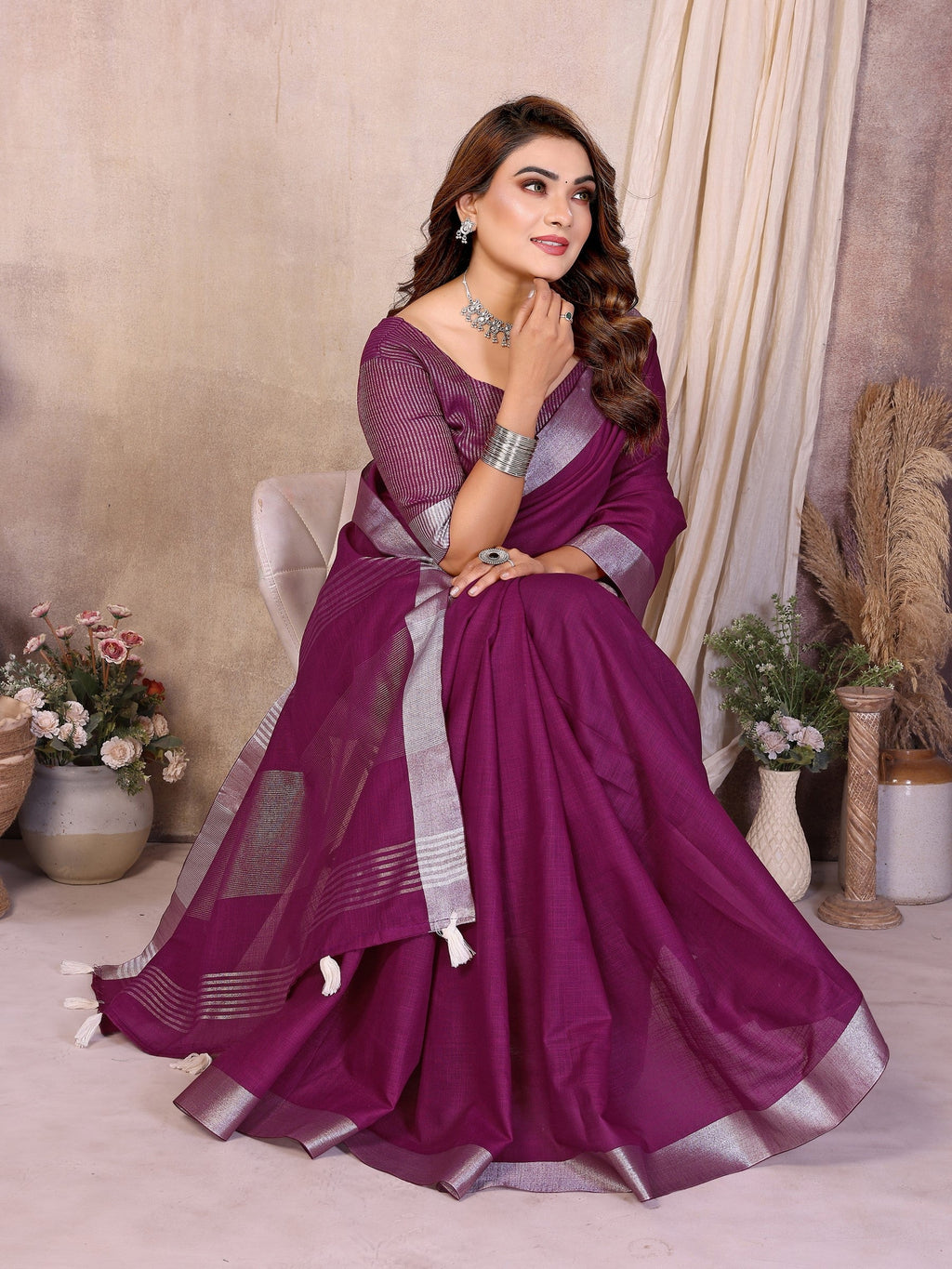 Anaita Purple Weaving Linen Cotton Saree With Blouse