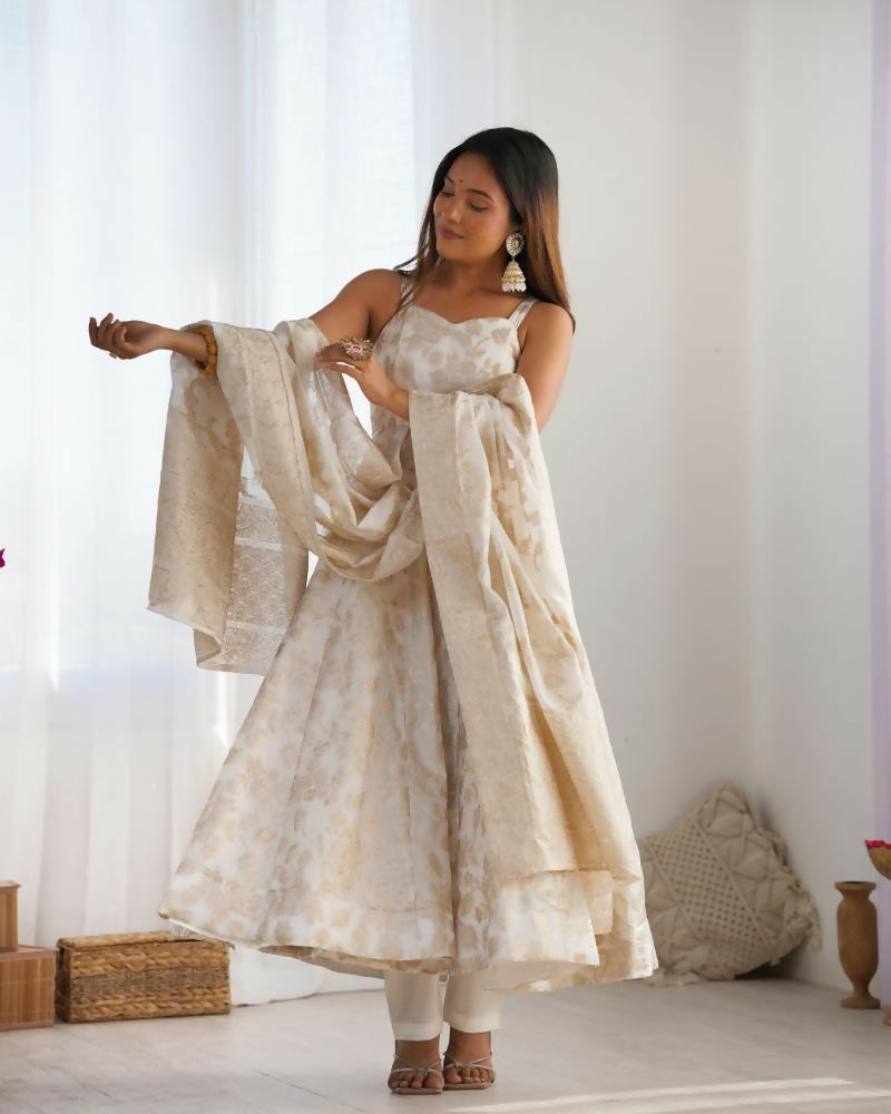 Lehenga Mart Designer Anarkali Suit With Kurta, Pant, Dupatta For Women-Off White
