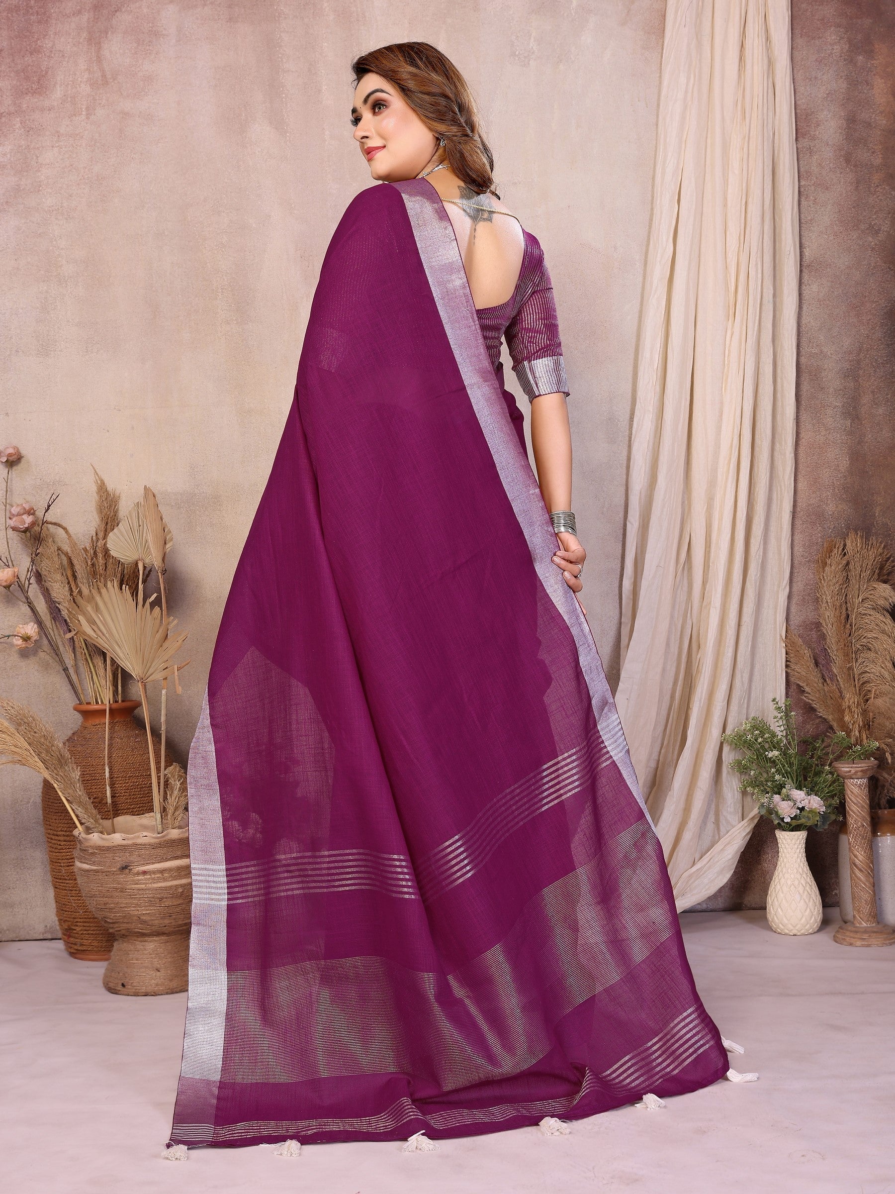 Anaita Purple Weaving Linen Cotton Saree With Blouse
